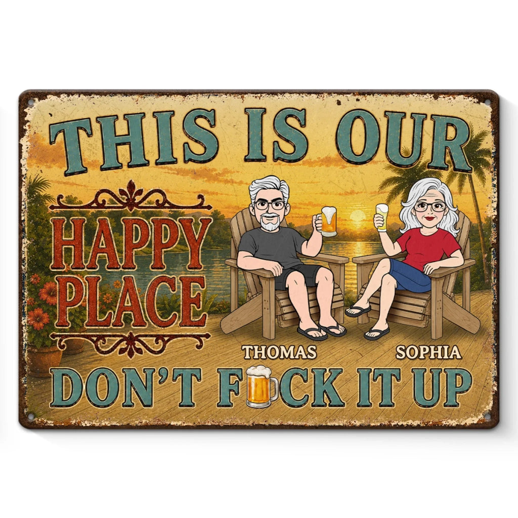 Custom Home Decor Metal Sign - Personalized Summer Vacation And Travel Gifts For Husband And Wife, Him And Her - Sunshine, Cold Drinks, Happy Us