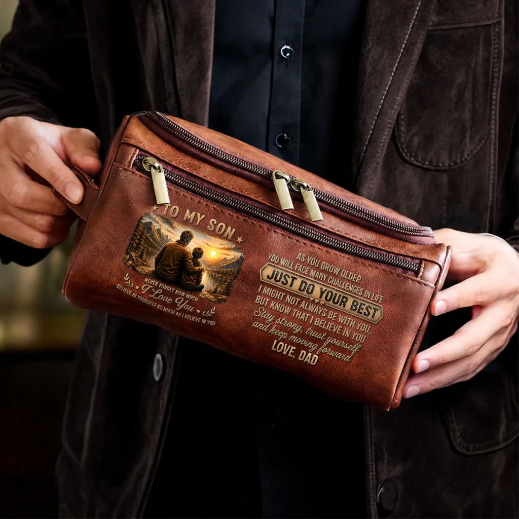 Custom Leather Toiletry Bag - Personalized Birthday Gifts For Son - Believe In Yourself