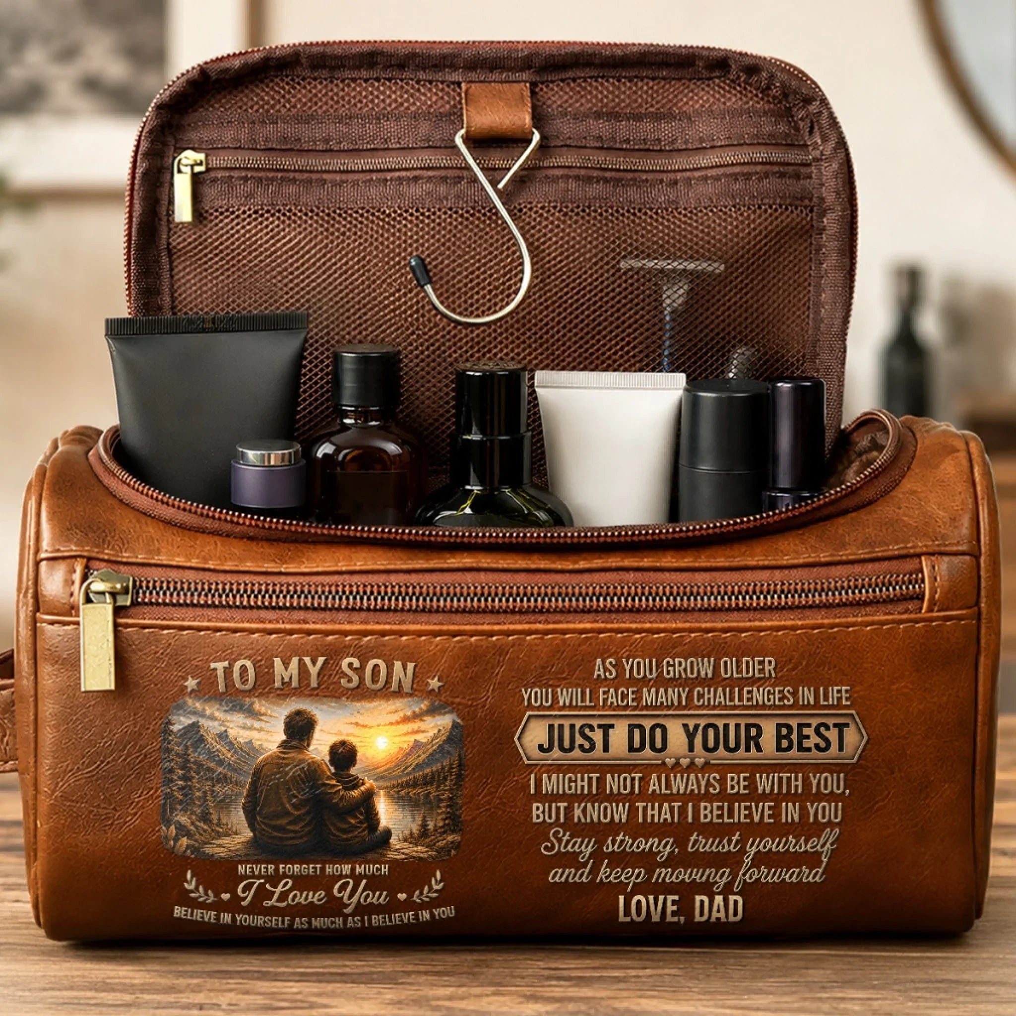 Custom Leather Toiletry Bag - Personalized Birthday Gifts For Son - Believe In Yourself