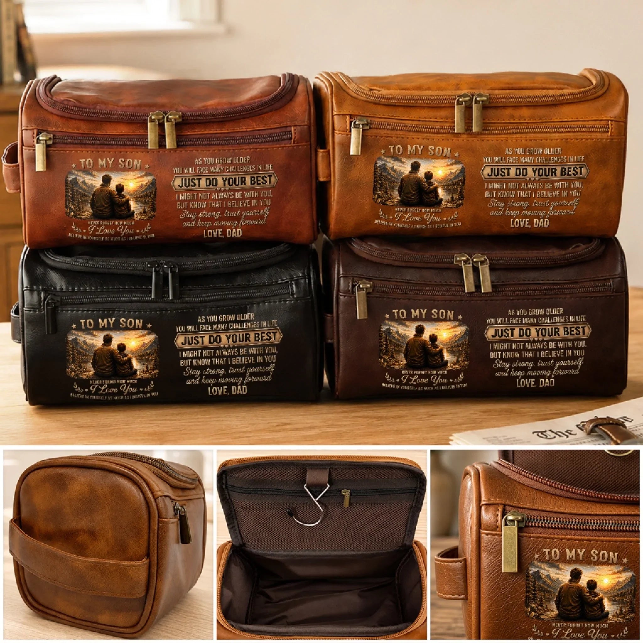 Custom Leather Toiletry Bag - Personalized Birthday Gifts For Son - Believe In Yourself