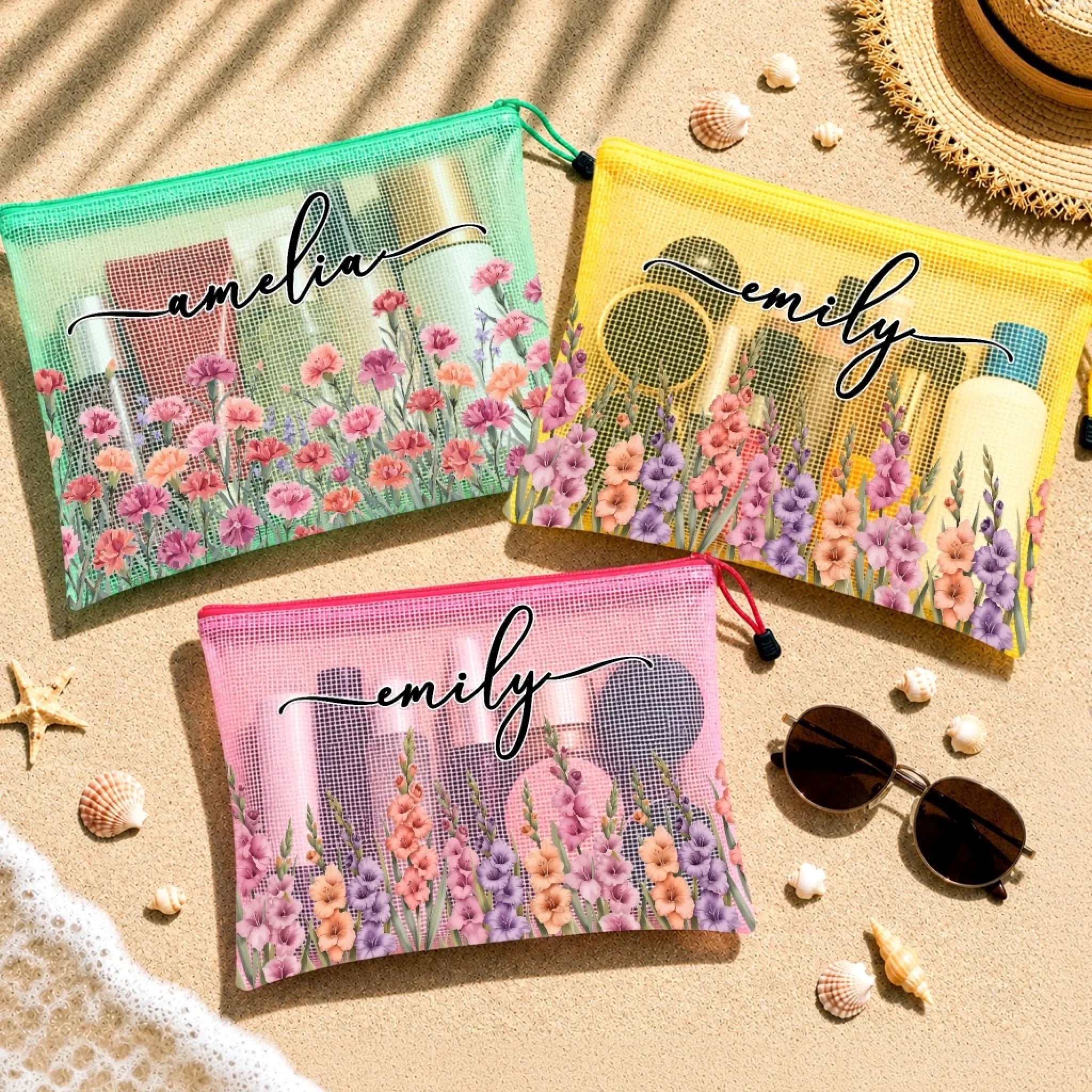 Custom Sandproof Mesh Beach Pouch - Personalized Summer Vacation And Travel Gifts For Women, Besties, Sisters, BFF - Stay Salty Stay Happy