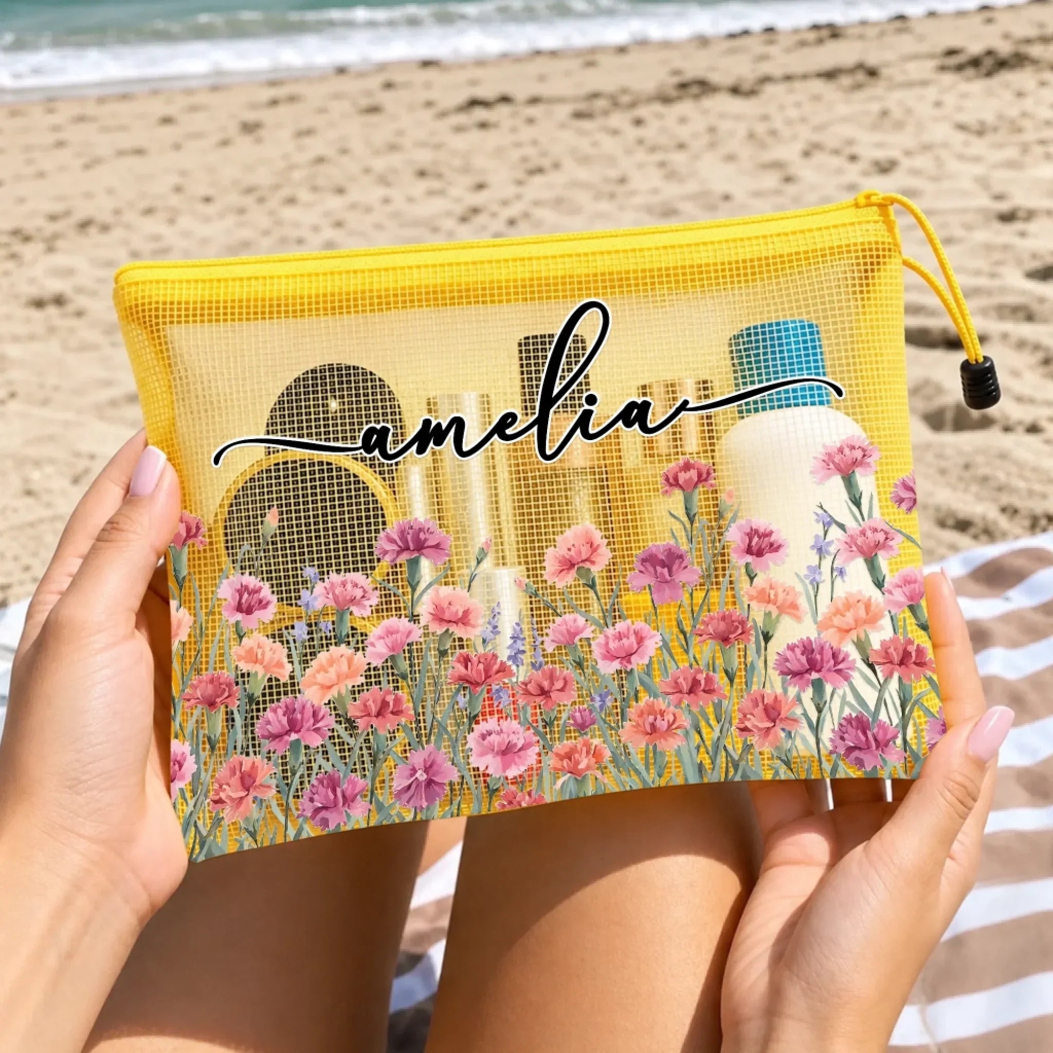 Custom Sandproof Mesh Beach Pouch - Personalized Summer Vacation And Travel Gifts For Women, Besties, Sisters, BFF - Stay Salty Stay Happy