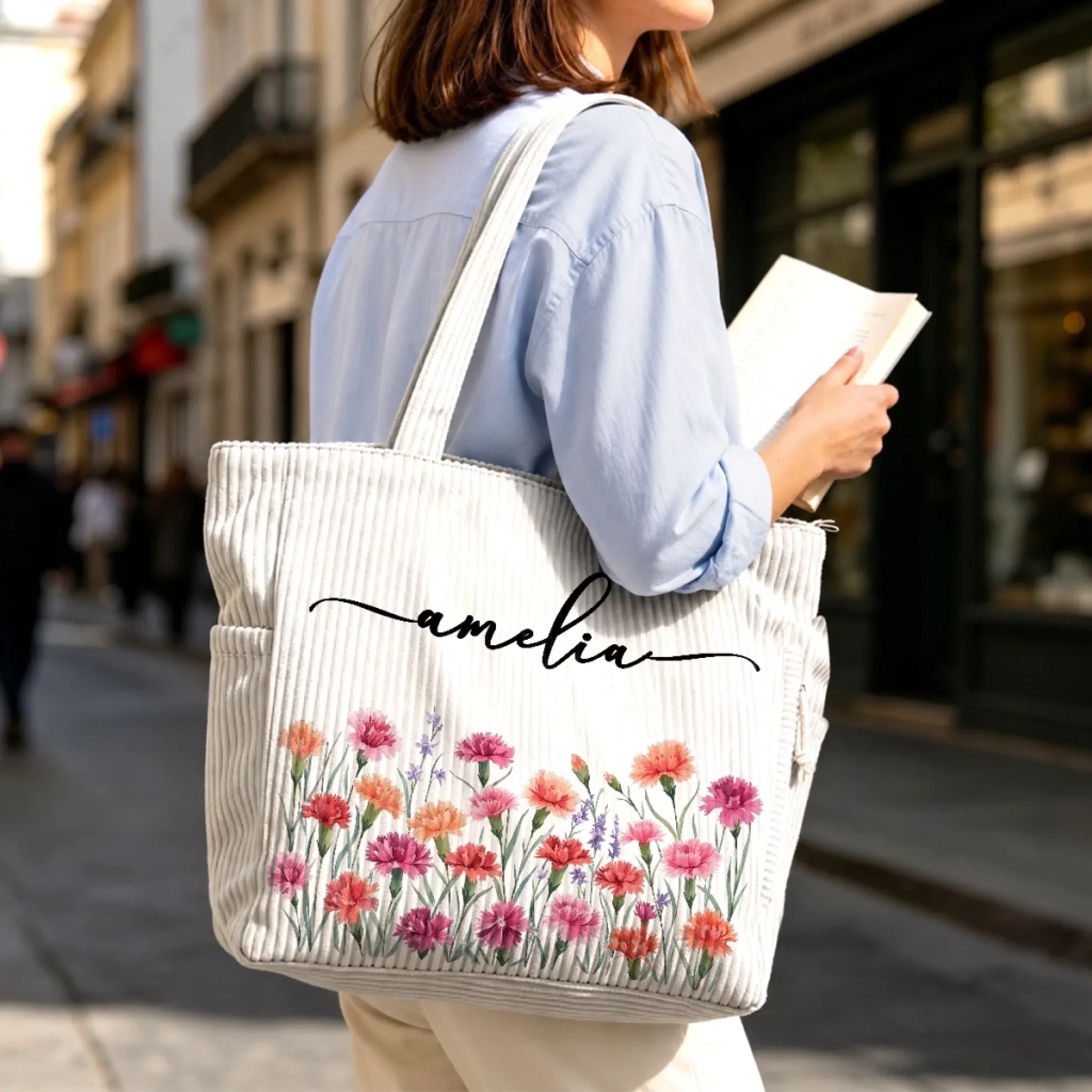 Custom Corduroy Tote Bag - Personalized Summer Vacation And Travel Gifts For Women, Besties, Sisters, BFF, Family, Yourself - Sunshine Is My Vibe