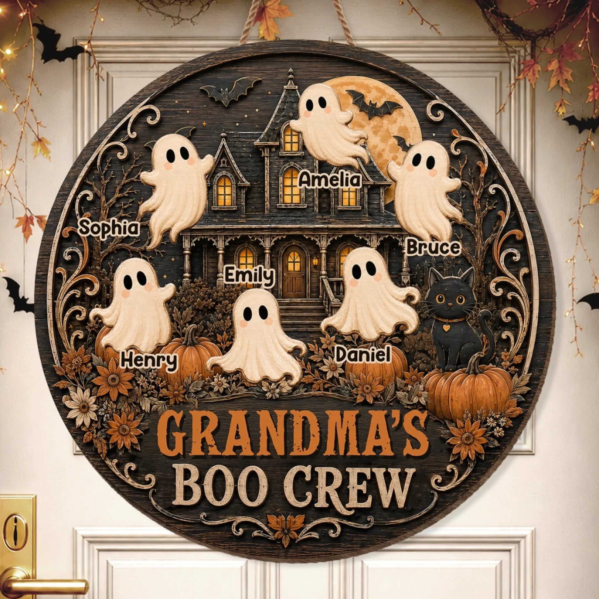 Custom Wood Sign - Personalized Halloween Birthday Gifts For Mom, Grandma - Haunted House Full Of Love