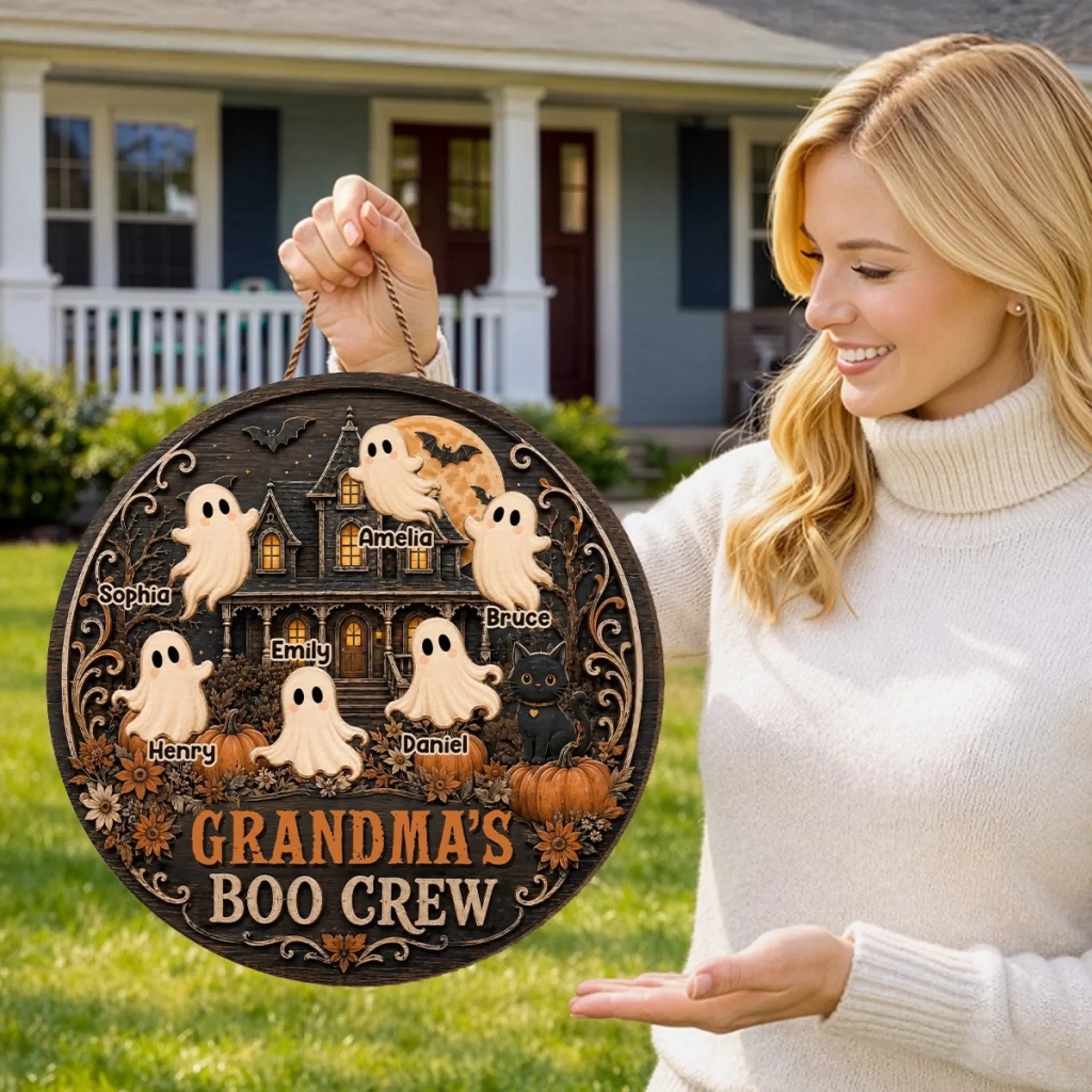 Custom Wood Sign - Personalized Halloween Birthday Gifts For Mom, Grandma - Haunted House Full Of Love