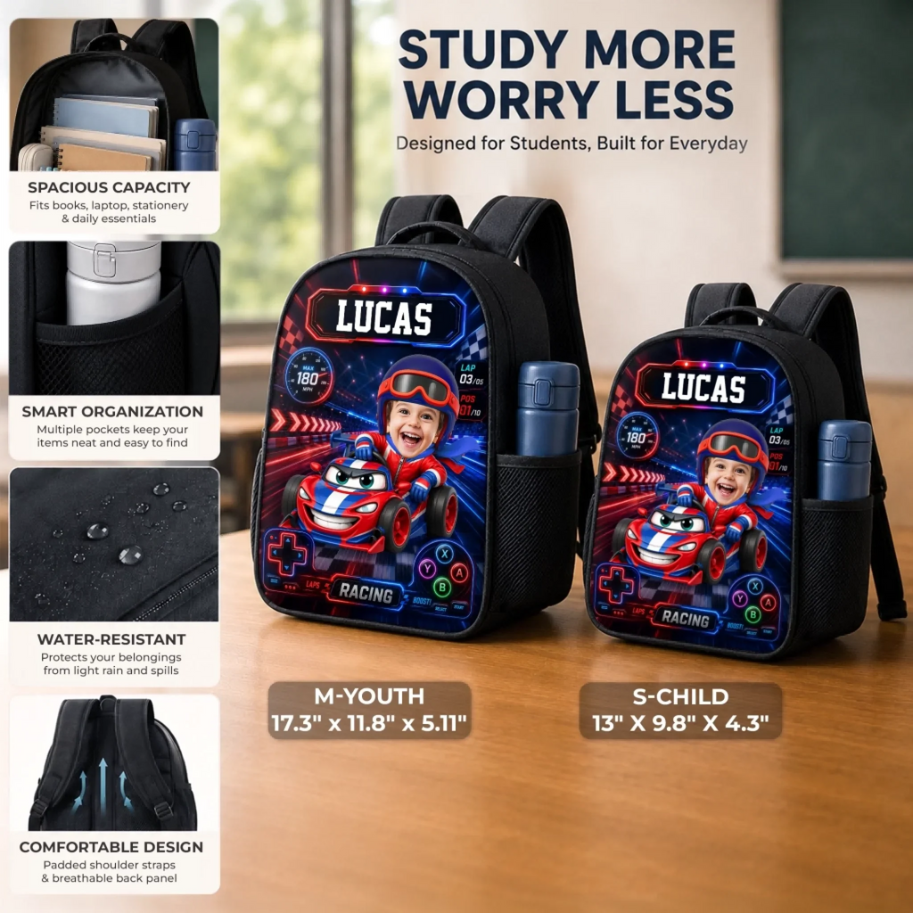 Custom Photo Kids Front Printed Backpack - Personalized Back To School Gifts For Kids - Little Driver Ahead
