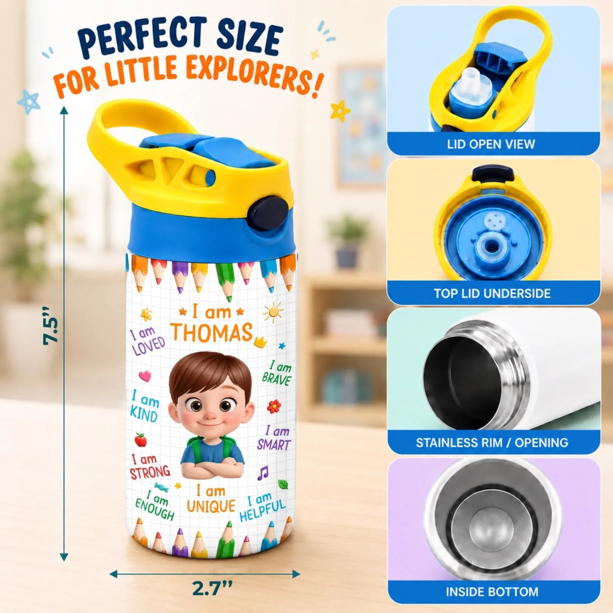 Custom Kids Insulated Water Bottle - Personalized Back To School Gifts For Kids - Ready Set Learn