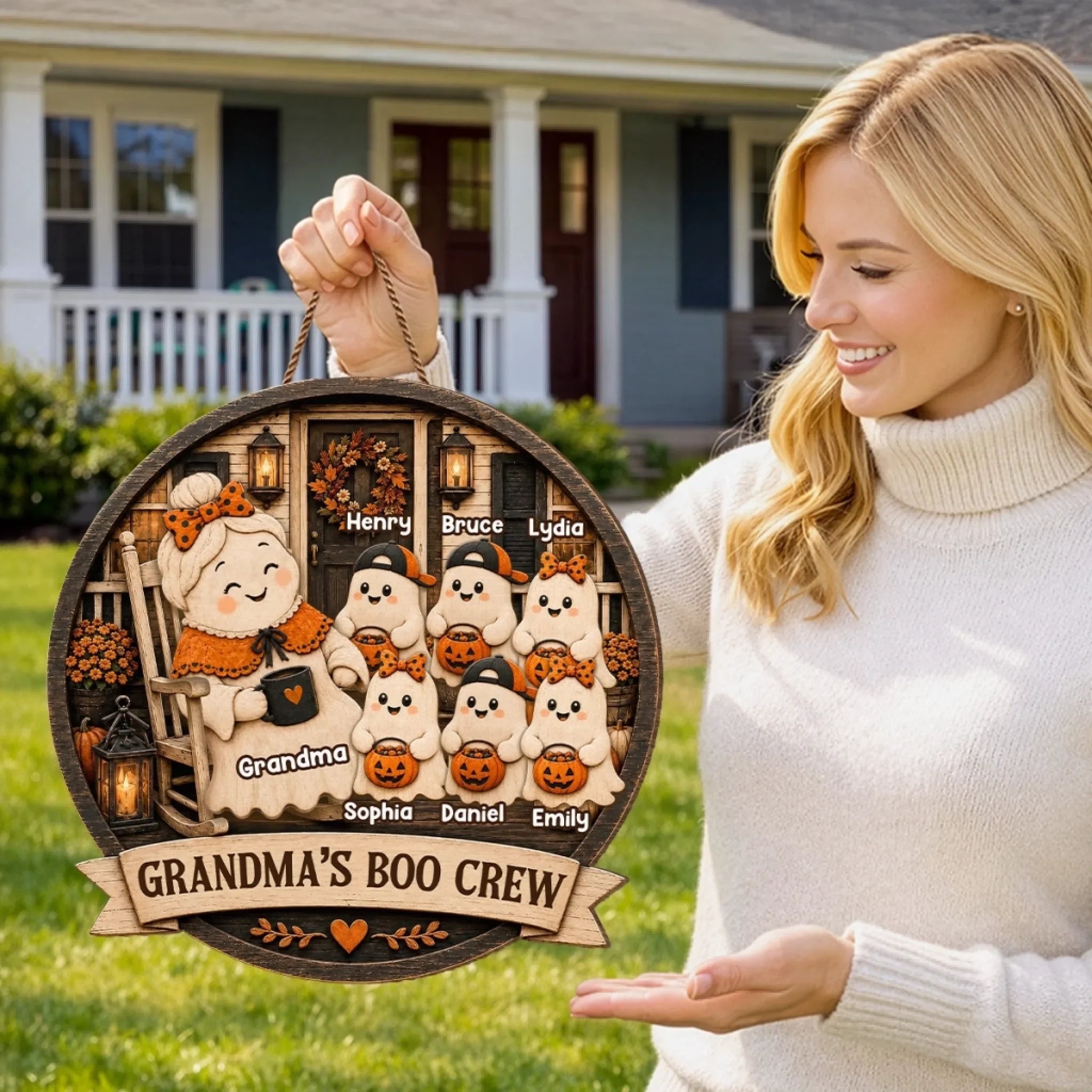 Custom Wood Sign - Personalized Halloween Birthday Gifts For Mom, Grandma - My Favorite Boo Crew