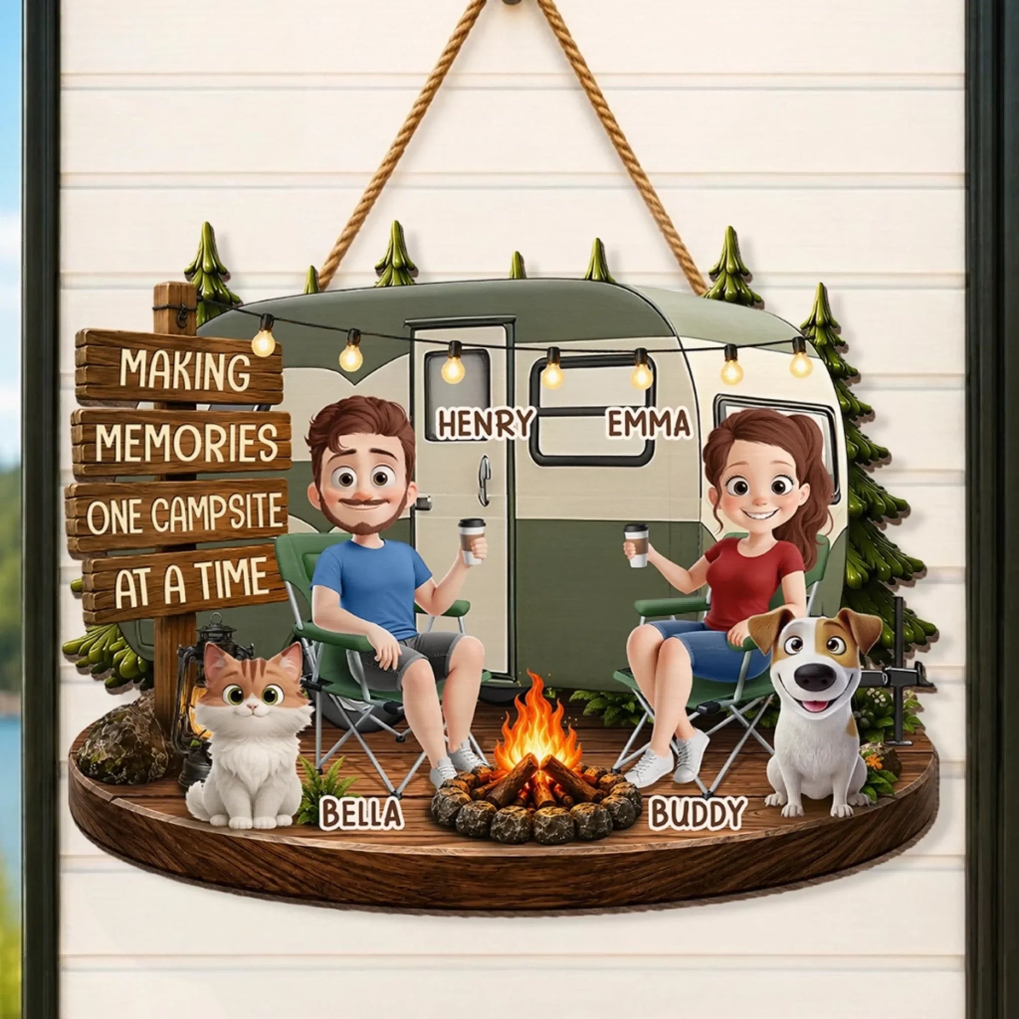 Custom Wood Sign - Personalized Birthday Camping Gifts For Campers, Husband And Wife, Dog Cat Lovers - Happy Campers And Furry Friends