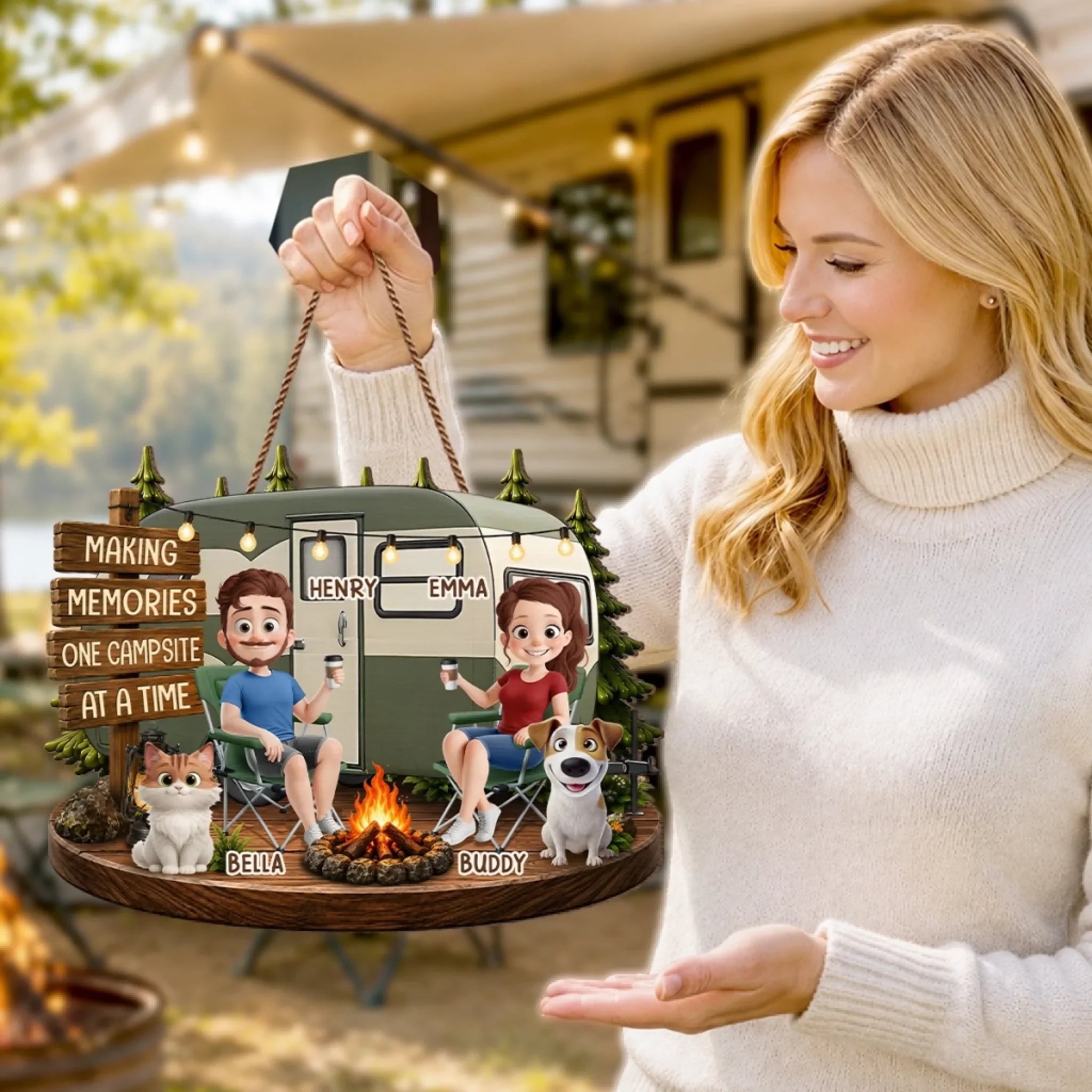 Custom Wood Sign - Personalized Birthday Camping Gifts For Campers, Husband And Wife, Dog Cat Lovers - Happy Campers And Furry Friends