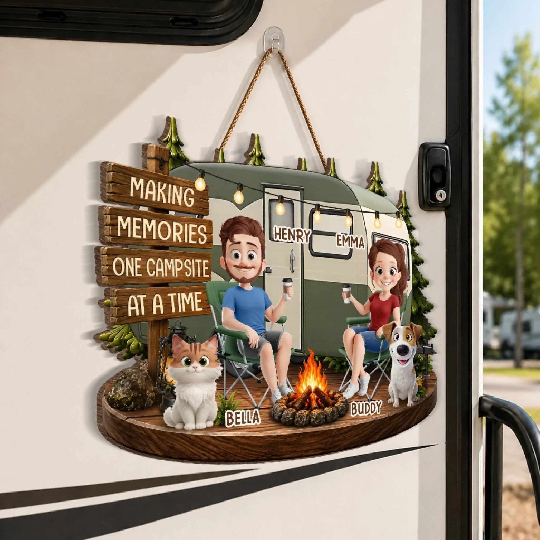 Custom Wood Sign - Personalized Birthday Camping Gifts For Campers, Husband And Wife, Dog Cat Lovers - Happy Campers And Furry Friends