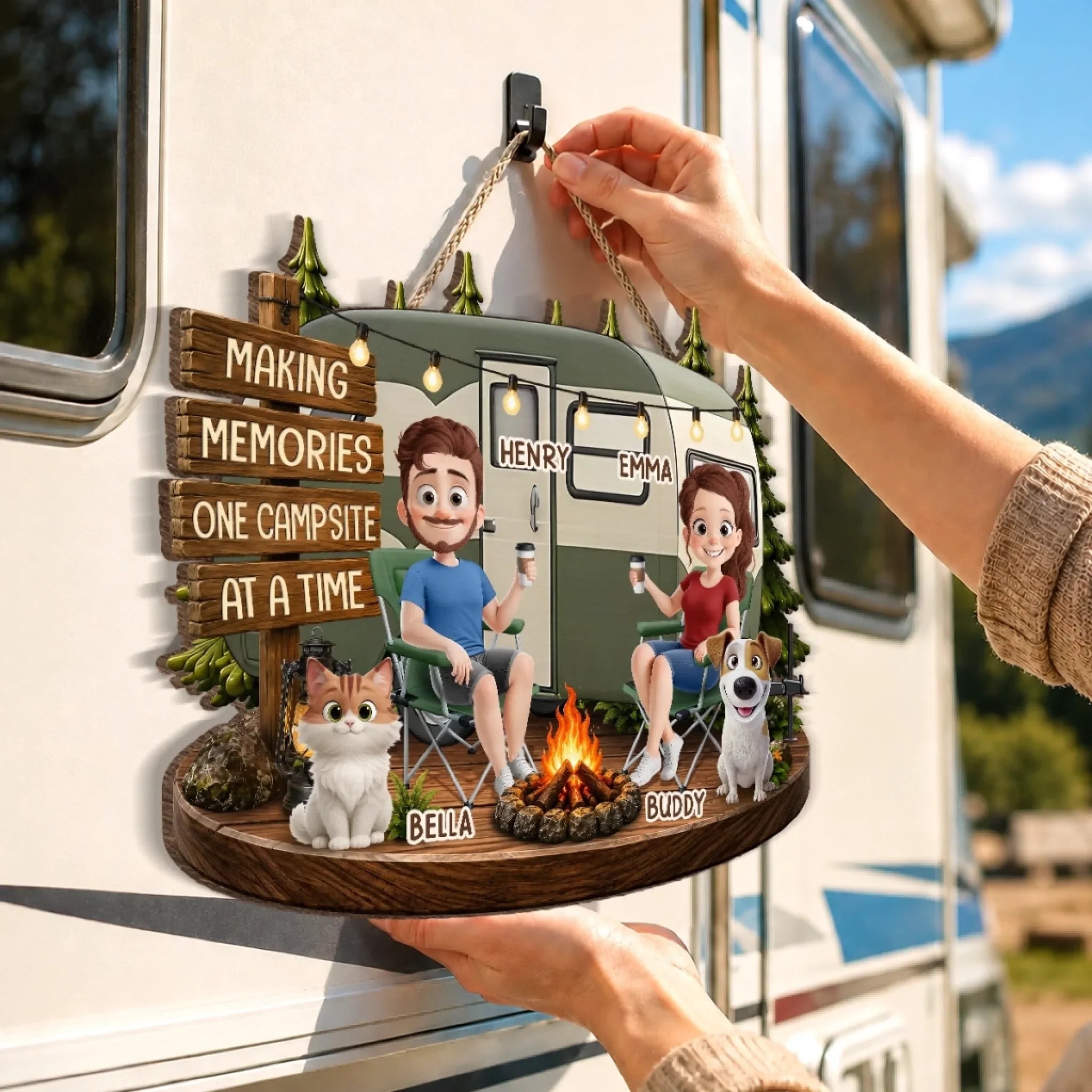 Custom Wood Sign - Personalized Birthday Camping Gifts For Campers, Husband And Wife, Dog Cat Lovers - Happy Campers And Furry Friends
