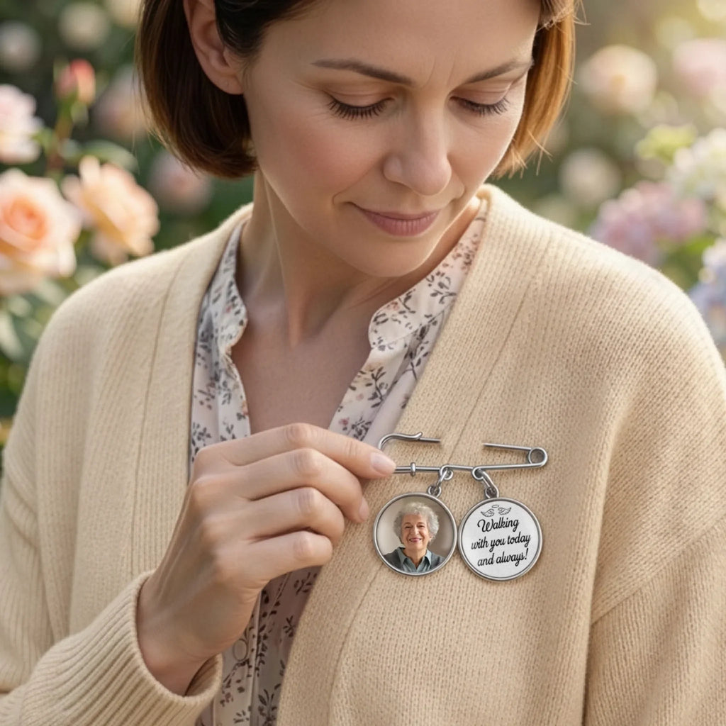 Custom Lapel Pin With Photo Charms - Personalized Memorial Sympathy Gifts For Brides - Always Walking By Your Side