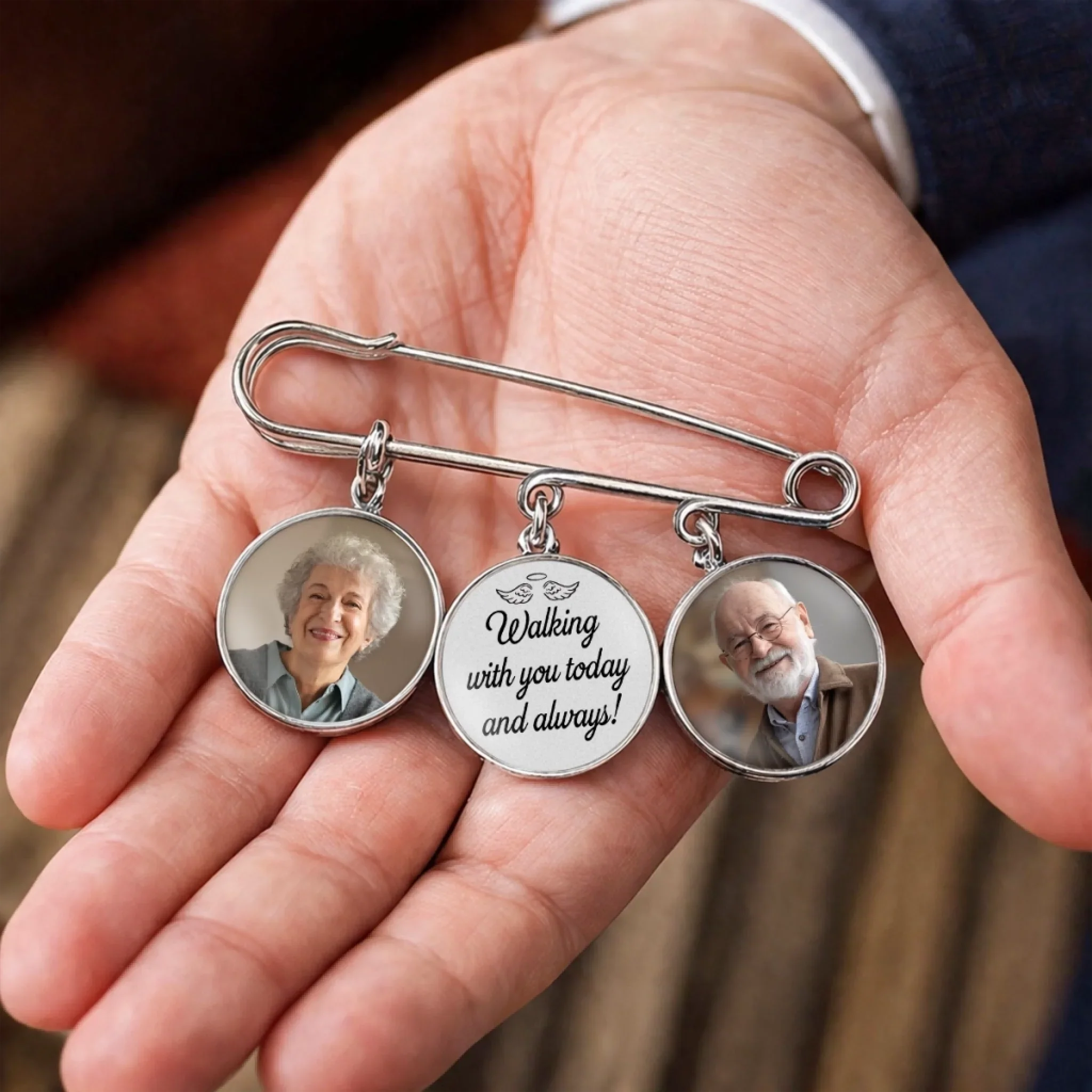 Custom Lapel Pin With Photo Charms - Personalized Memorial Sympathy Gifts For Brides - Always Walking By Your Side
