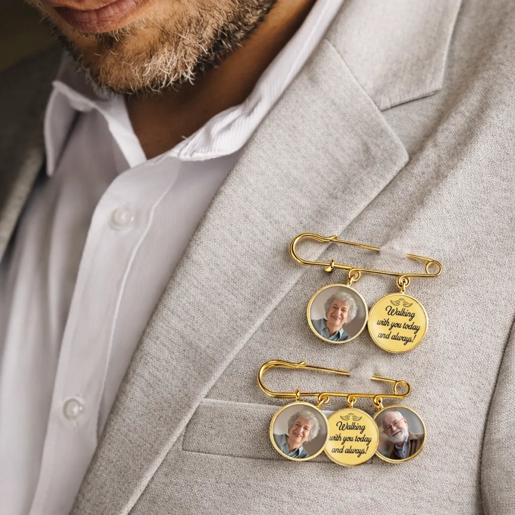 Custom Lapel Pin With Photo Charms - Personalized Memorial Sympathy Gifts For Brides - Always Walking By Your Side
