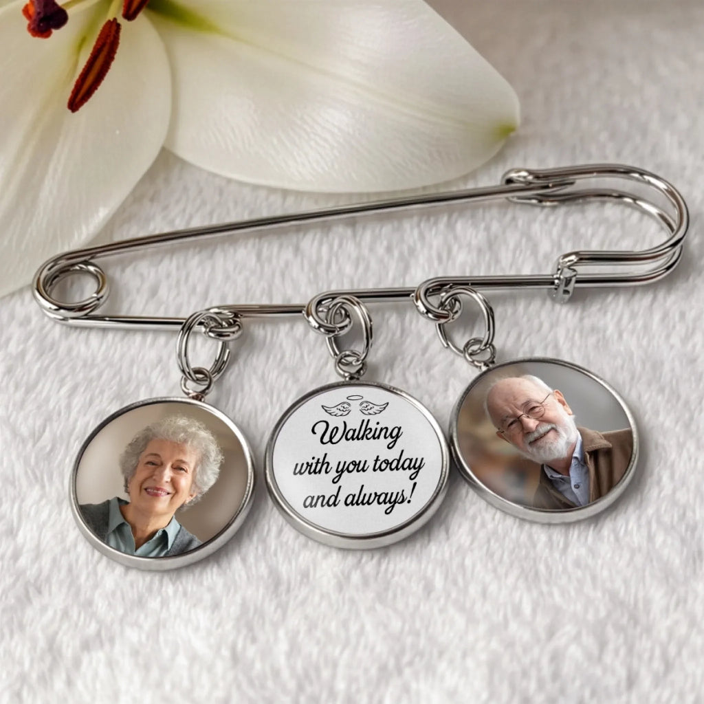 Custom Lapel Pin With Photo Charms - Personalized Memorial Sympathy Gifts For Brides - Always Walking By Your Side