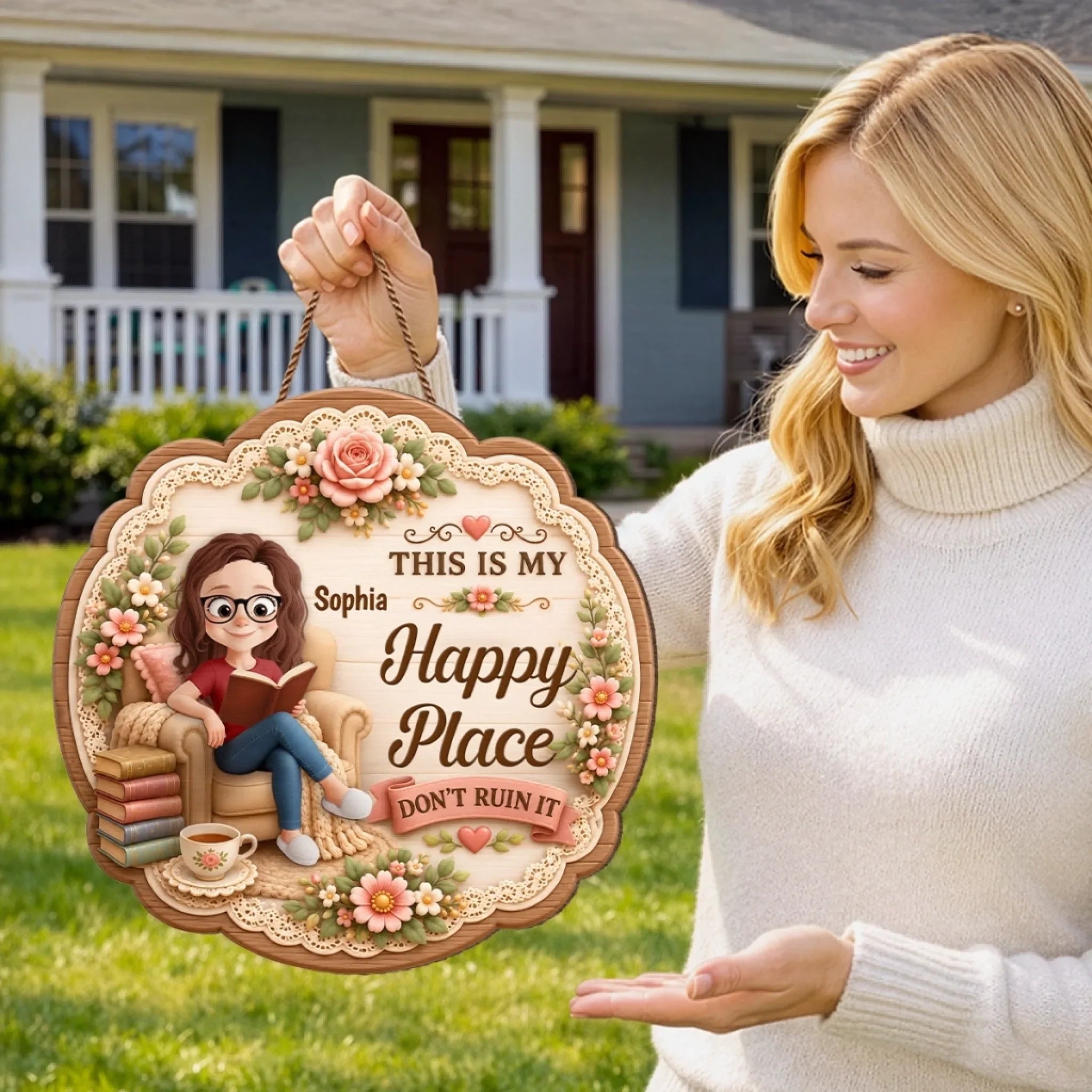 Custom Wood Sign - Personalized Bookish Gifts For Book Lovers, Bookworms, Readers - Welcome To My Happy Place