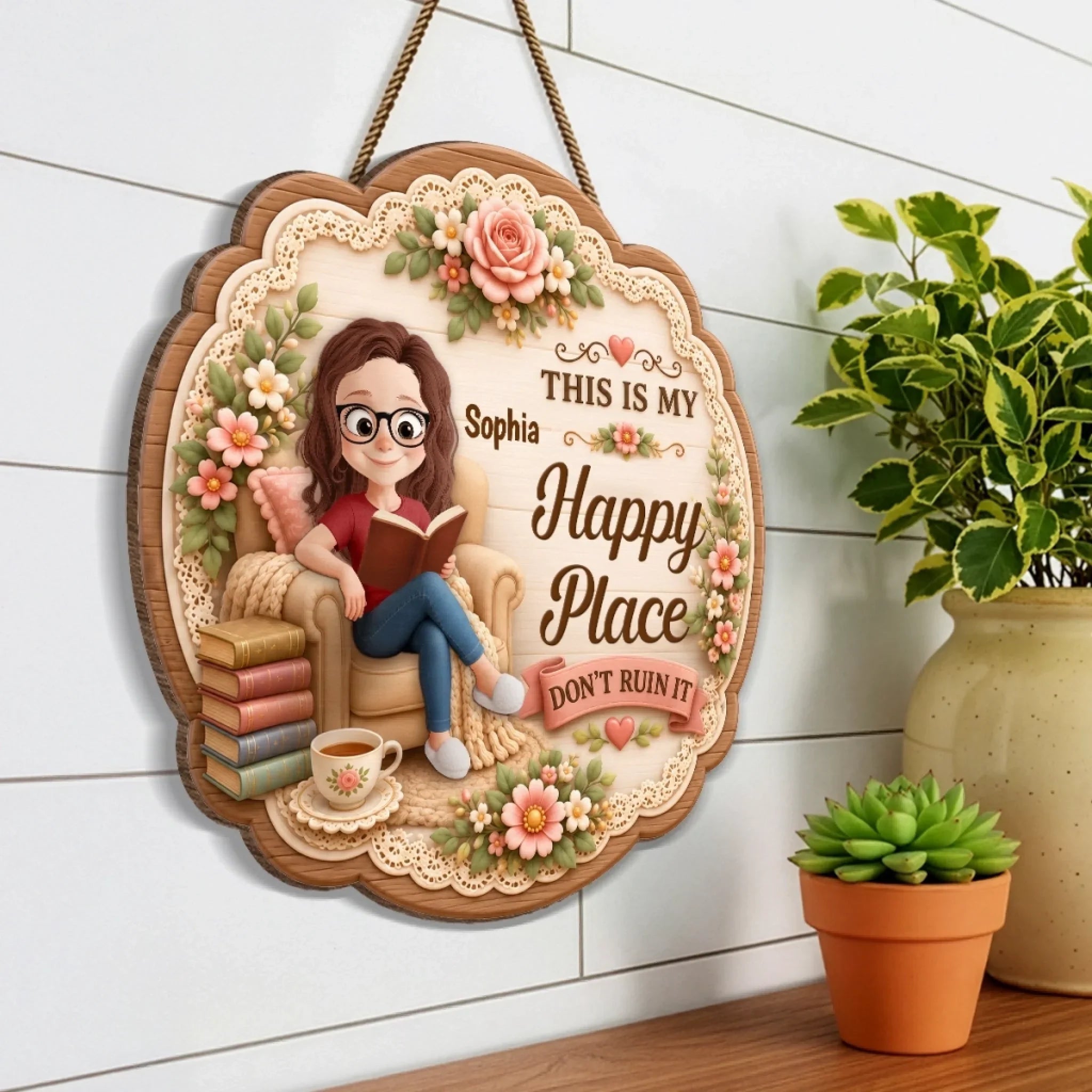 Custom Wood Sign - Personalized Bookish Gifts For Book Lovers, Bookworms, Readers - Welcome To My Happy Place
