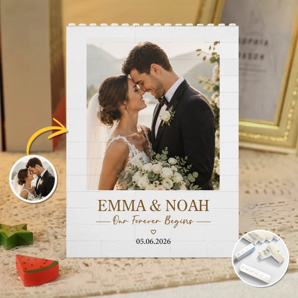 Custom Photo Building Brick Blocks - Personalized Anniversary Wedding Gifts For Husband And Wife, Him And Her - Our Forever Begins