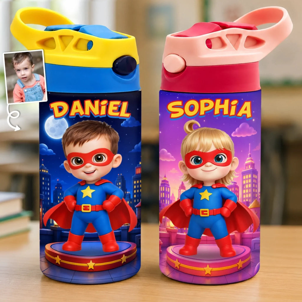 Custom Photo Kids Insulated Water Bottle - Personalized Back To School Gifts For Kids - Hero In Training