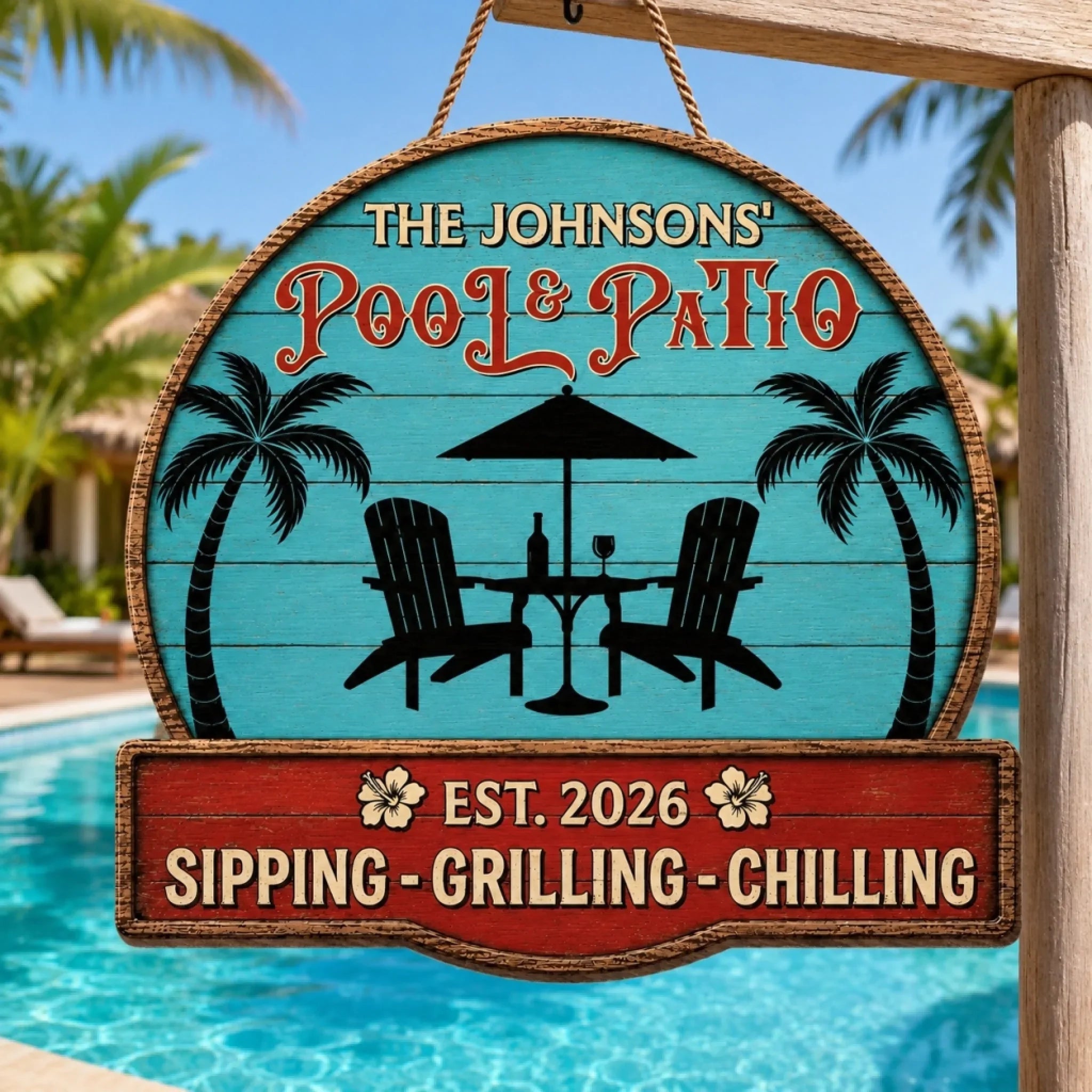 Custom Poolside Wood Sign - Personalized Summer Vacation And Travel Gifts For Mom, Dad, Brother, Sister, Kids - Paradise Found Here