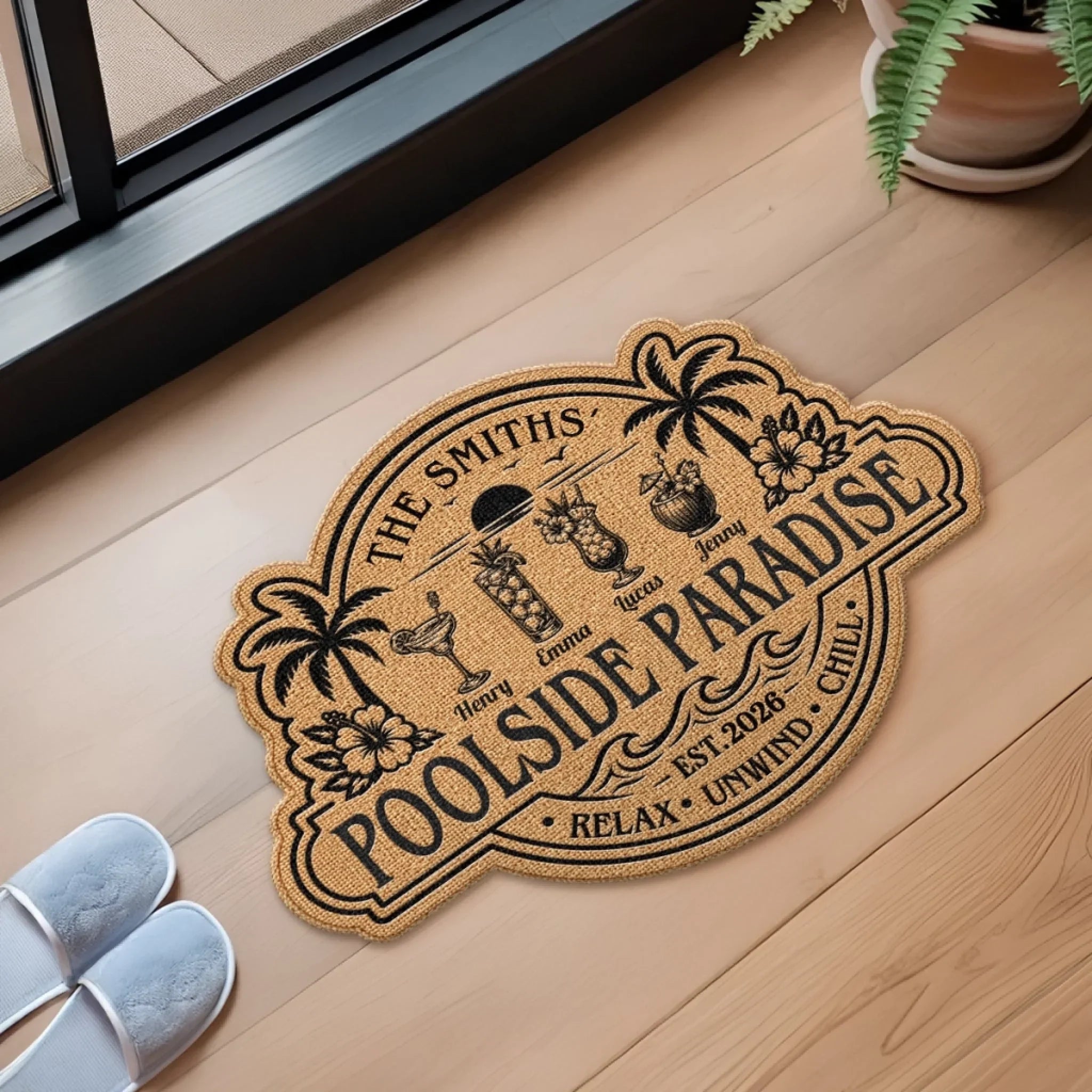 Custom Poolside Shaped Doormat - Personalized Summer Vacation And Travel Gifts For Mom, Dad, Brother, Sister - Our Summer Oasis