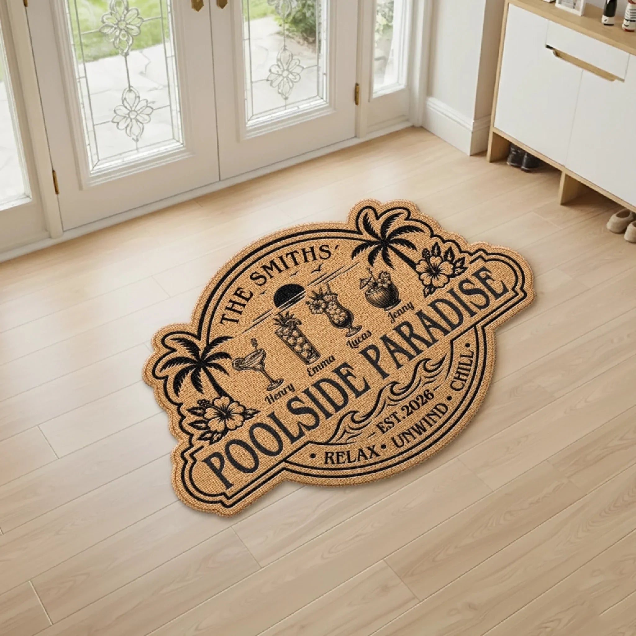 Custom Poolside Shaped Doormat - Personalized Summer Vacation And Travel Gifts For Mom, Dad, Brother, Sister - Our Summer Oasis