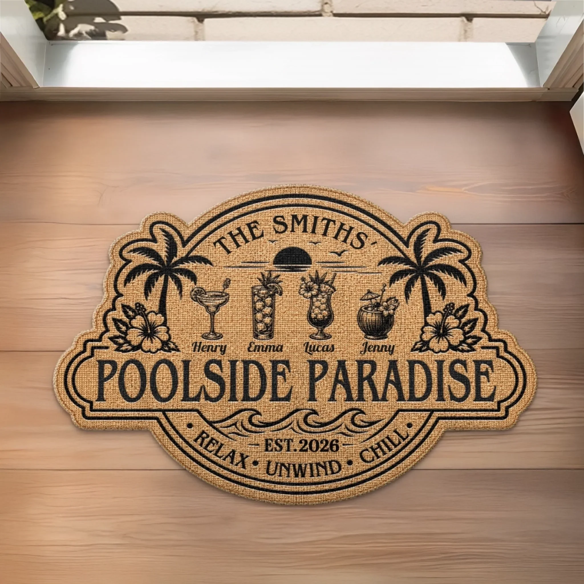 Custom Poolside Shaped Doormat - Personalized Summer Vacation And Travel Gifts For Mom, Dad, Brother, Sister - Our Summer Oasis