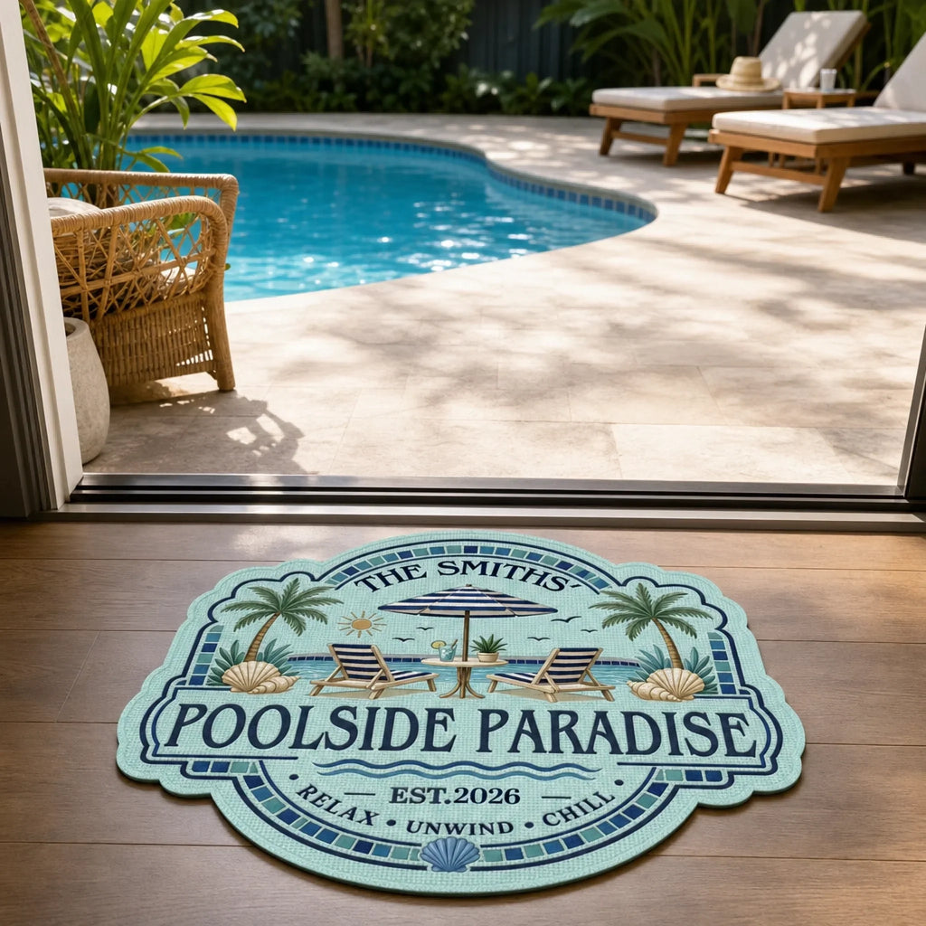Custom Poolside Shaped Doormat - Personalized Summer Vacation And Travel Gifts For Mom, Dad, Brother, Sister - Welcome To Paradise
