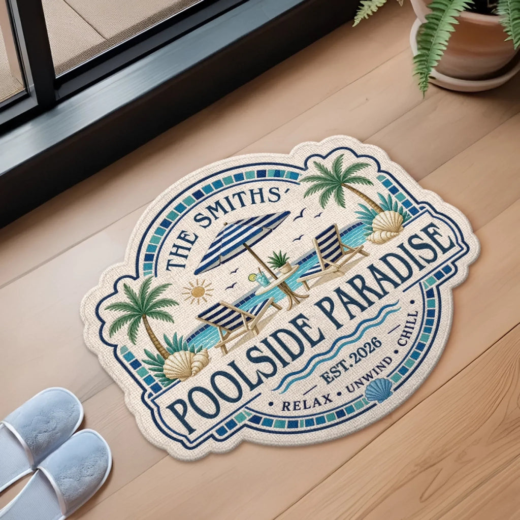 Custom Poolside Shaped Doormat - Personalized Summer Vacation And Travel Gifts For Mom, Dad, Brother, Sister - Welcome To Paradise