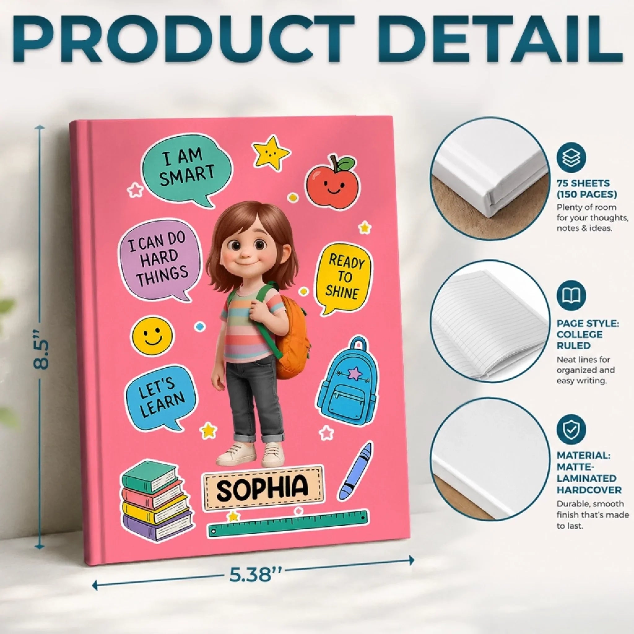 Custom Kids Hardcover Journal - Personalized Back To School Gifts For Kids - Ready To Shine