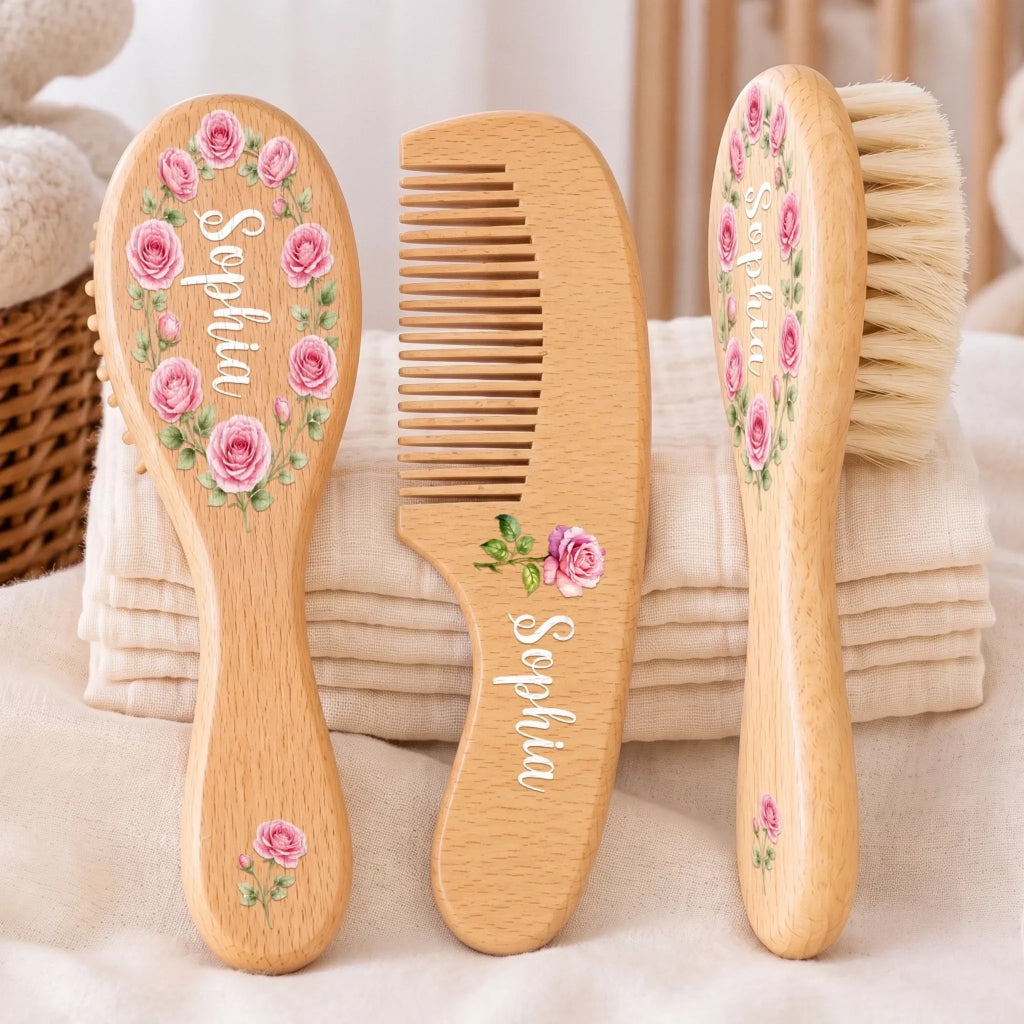 Custom Wooden Baby Hairbrush Set - Personalized Baby Shower, Gender Reveal Gifts For New Moms, New Dads, New Parents - Hello Little One
