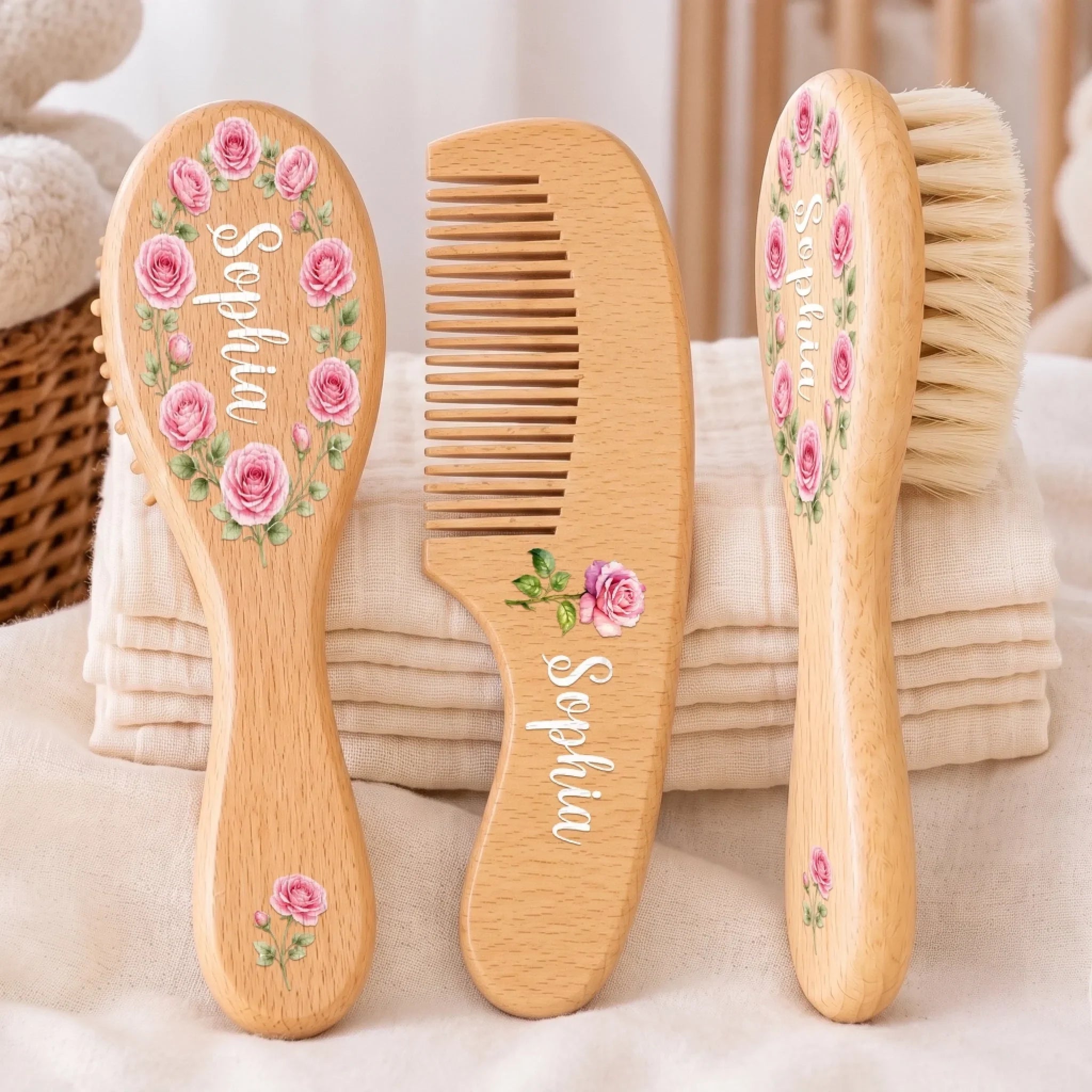 Custom Wooden Baby Hairbrush Set - Personalized Baby Shower, Gender Reveal Gifts For New Moms, New Dads, New Parents - Hello Little One