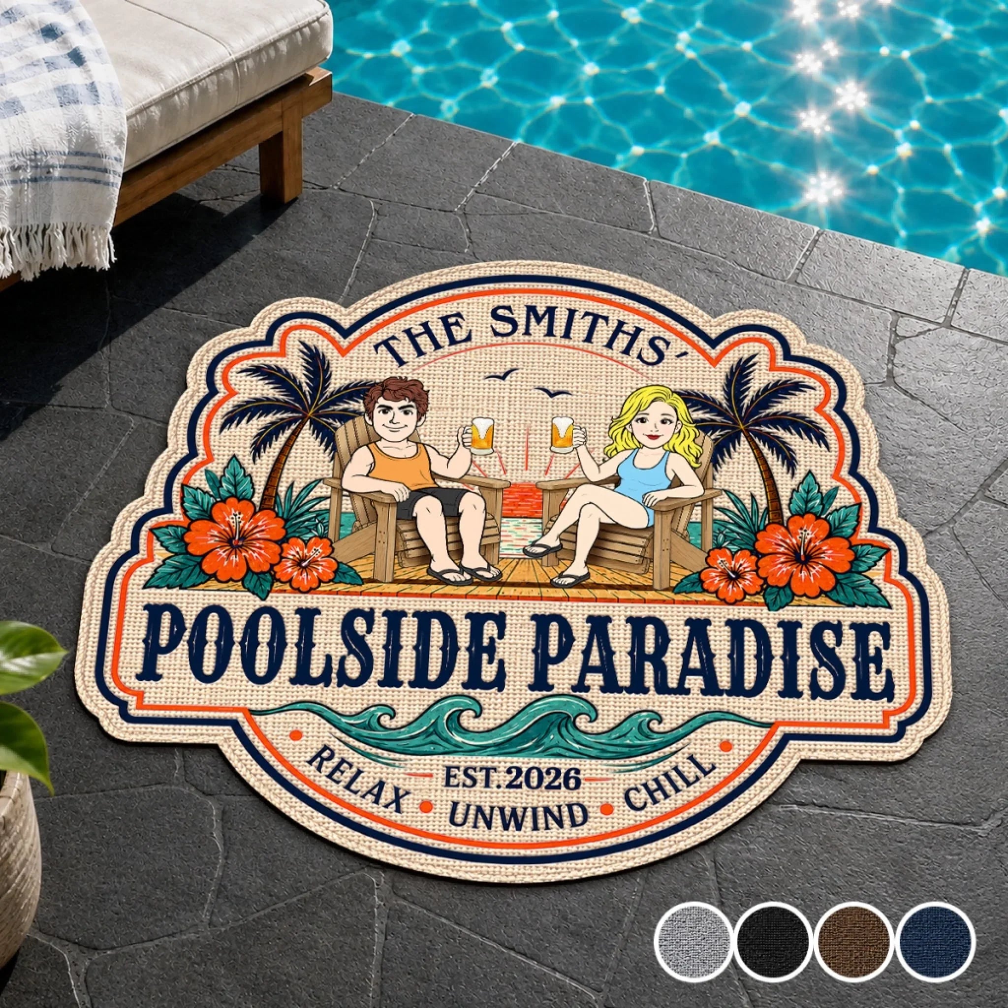 Custom Poolside Shaped Doormat - Personalized Summer Vacation And Travel Gifts For Husband And Wife, Him And Her - Our Happy Place By The Pool
