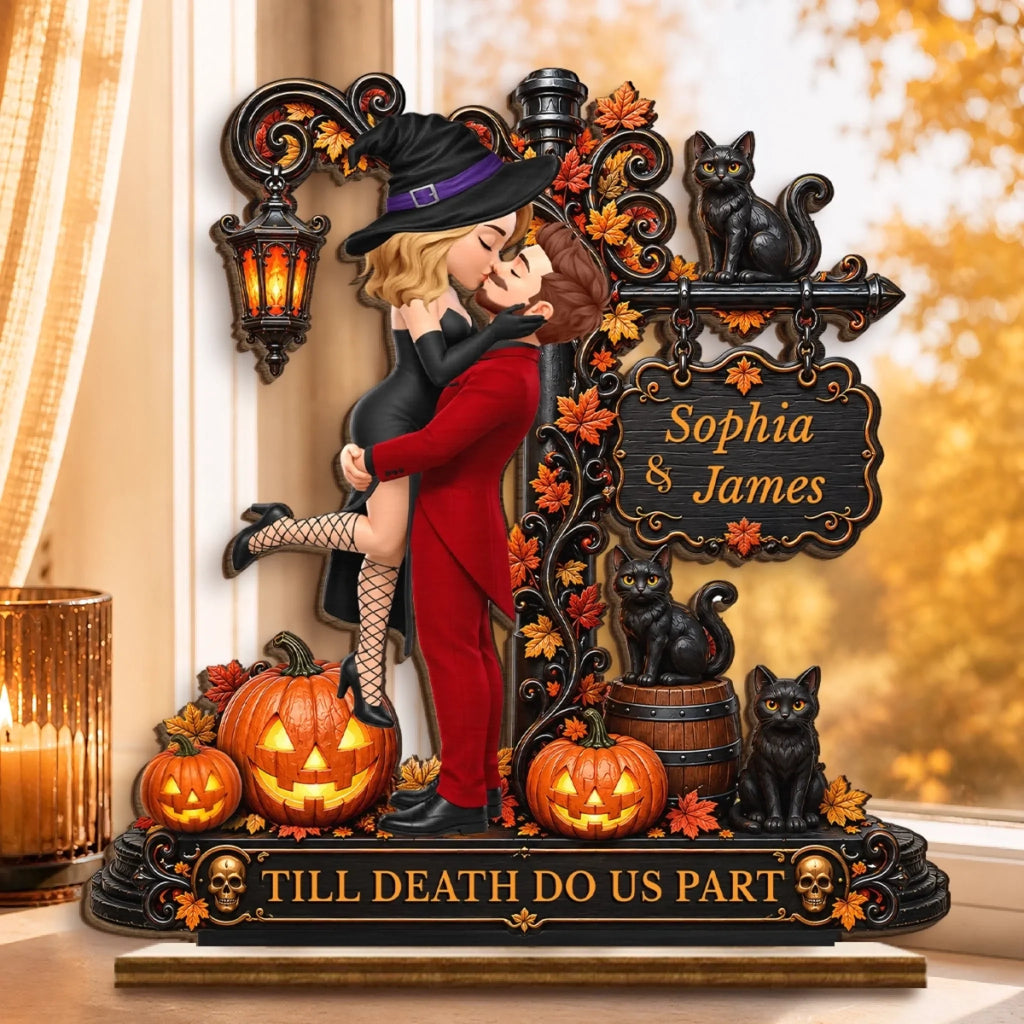 Custom 2-Layered Wooden Plaque - Personalized Halloween Anniversary Wedding Gifts For Husband And Wife, Him And Her - Love Never Gets Spooky