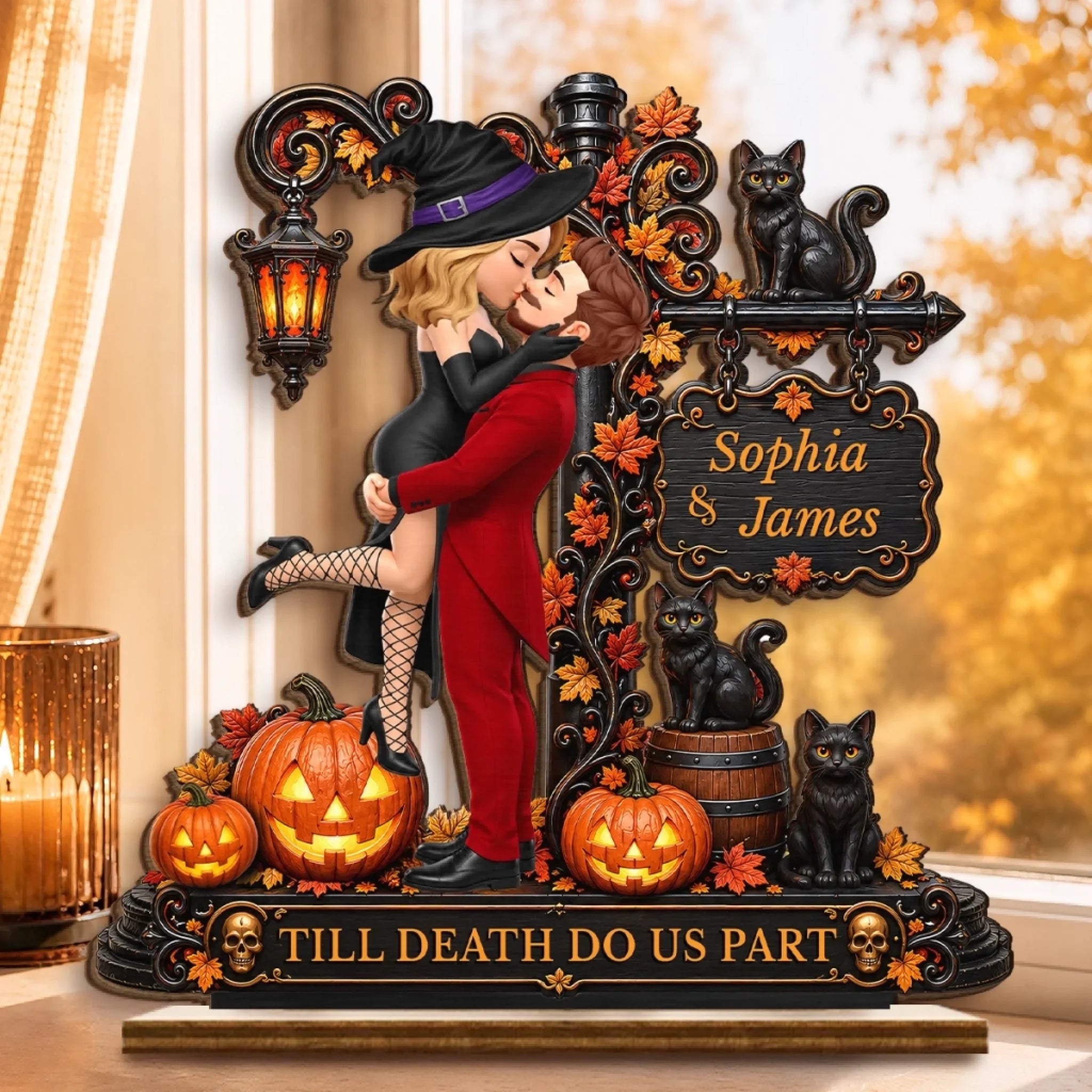 Custom 2-Layered Wooden Plaque - Personalized Halloween Anniversary Wedding Gifts For Husband And Wife, Him And Her - Love Never Gets Spooky
