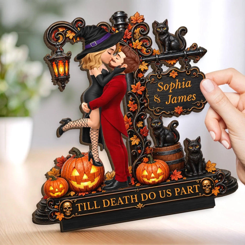Custom 2-Layered Wooden Plaque - Personalized Halloween Anniversary Wedding Gifts For Husband And Wife, Him And Her - Love Never Gets Spooky