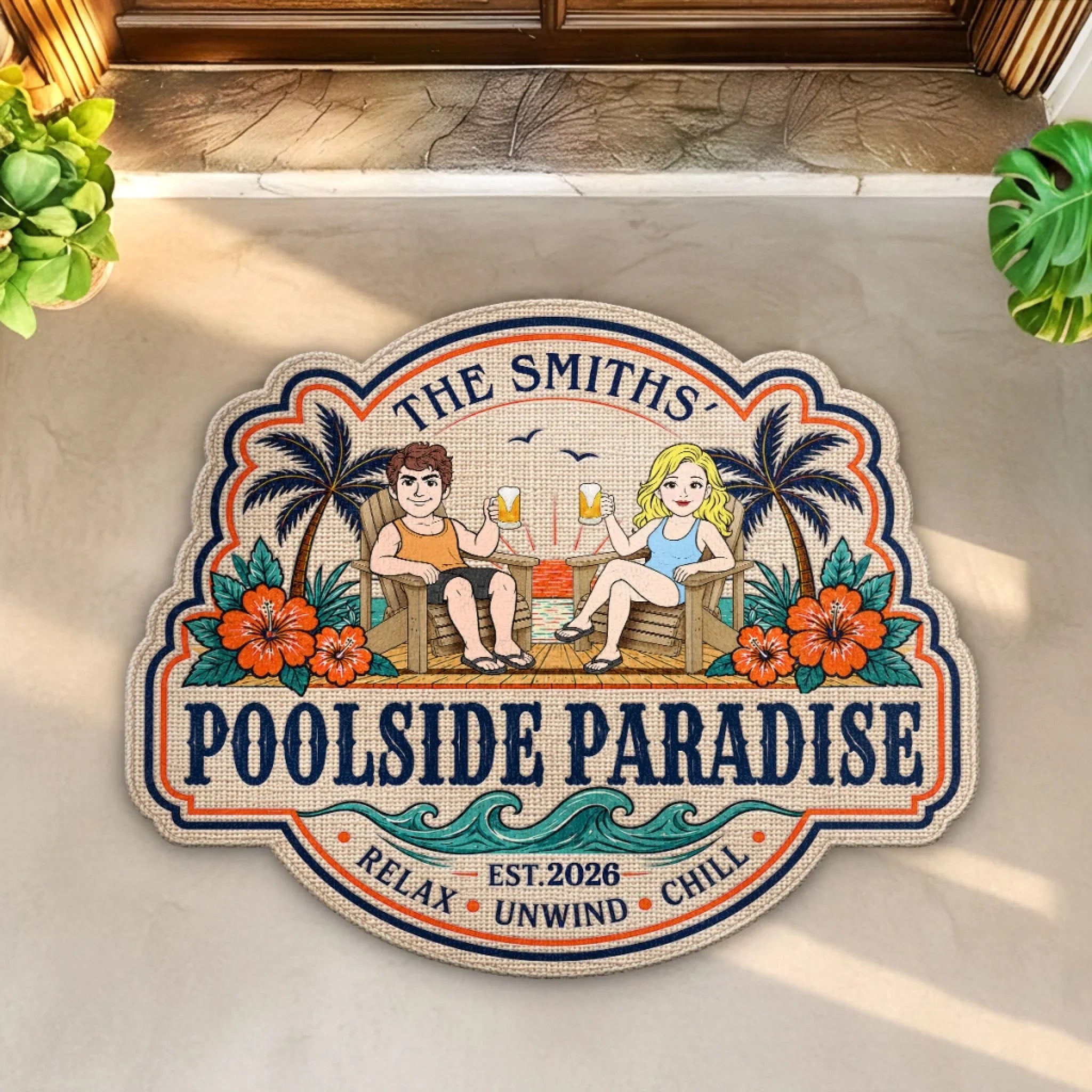 Custom Poolside Shaped Doormat - Personalized Summer Vacation And Travel Gifts For Husband And Wife, Him And Her - Our Happy Place By The Pool