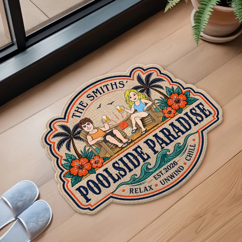 Custom Poolside Shaped Doormat - Personalized Summer Vacation And Travel Gifts For Husband And Wife, Him And Her - Our Happy Place By The Pool
