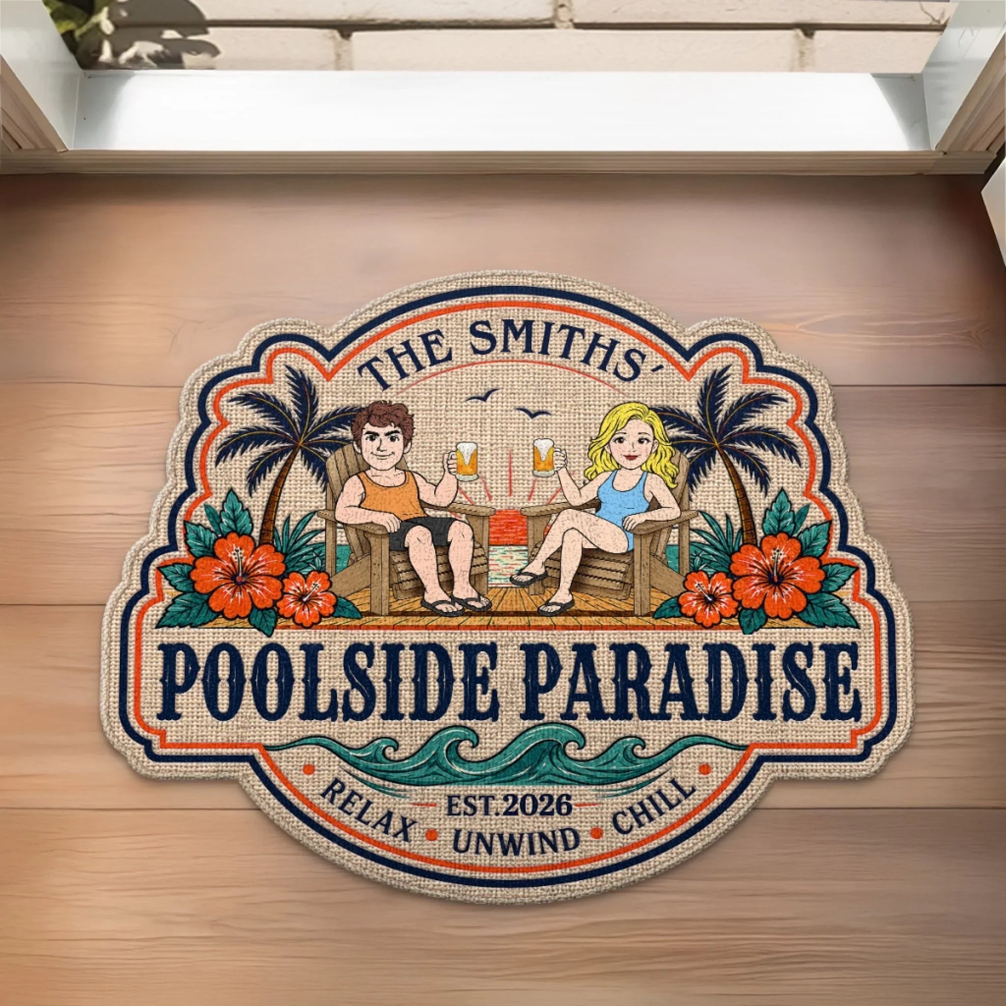 Custom Poolside Shaped Doormat - Personalized Summer Vacation And Travel Gifts For Husband And Wife, Him And Her - Our Happy Place By The Pool