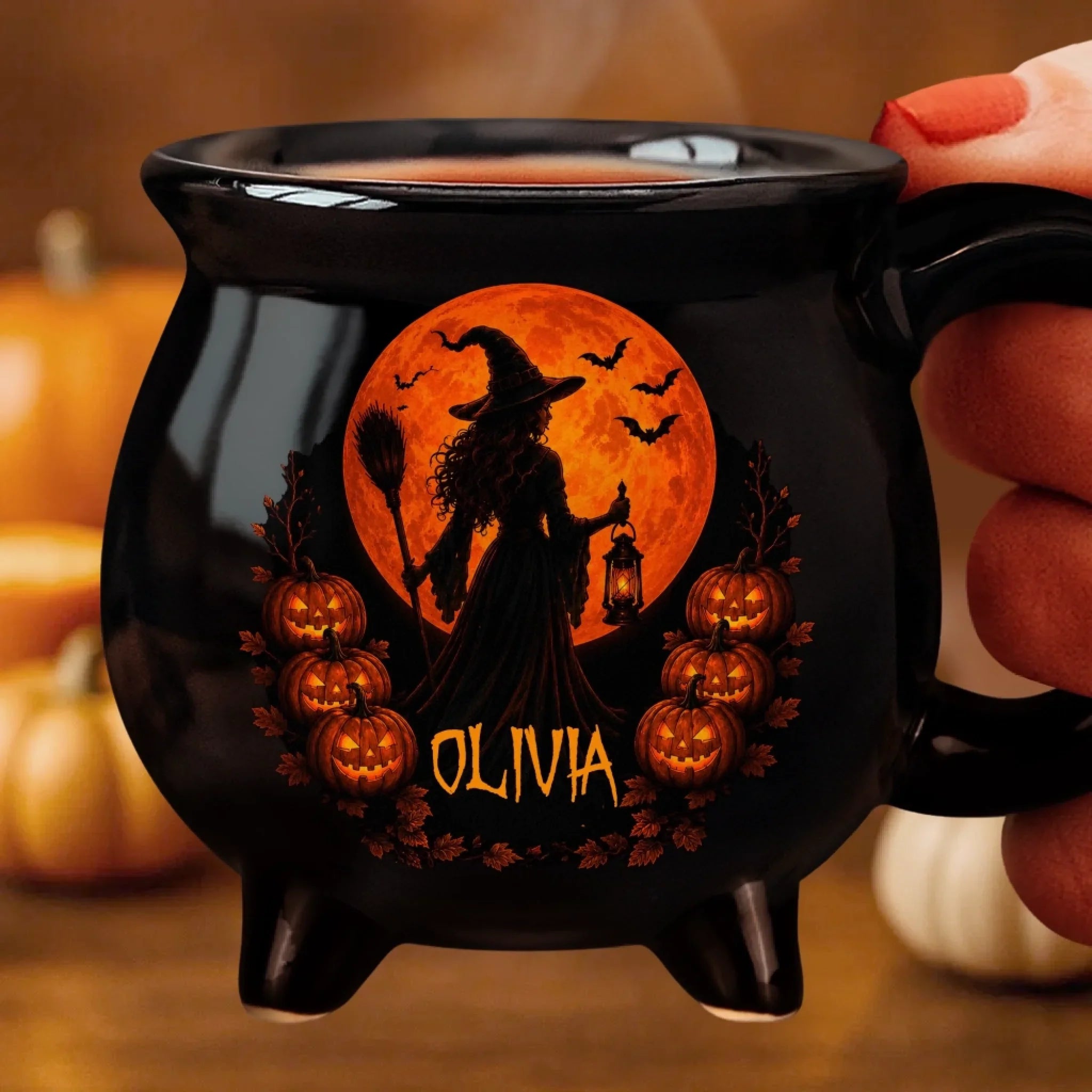 Custom 12oz Ceramic Cauldron Coffee Mug - Personalized Halloween Witchy Gifts For Wife, Daughter, Besties, Sisters, Granddaughter, Grandma, Mom, Yourself - Spells & Smiles