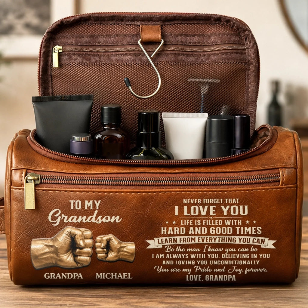 Custom Leather Toiletry Bag - Personalized Birthday Gifts For Grandson - Never Forget That I Love You