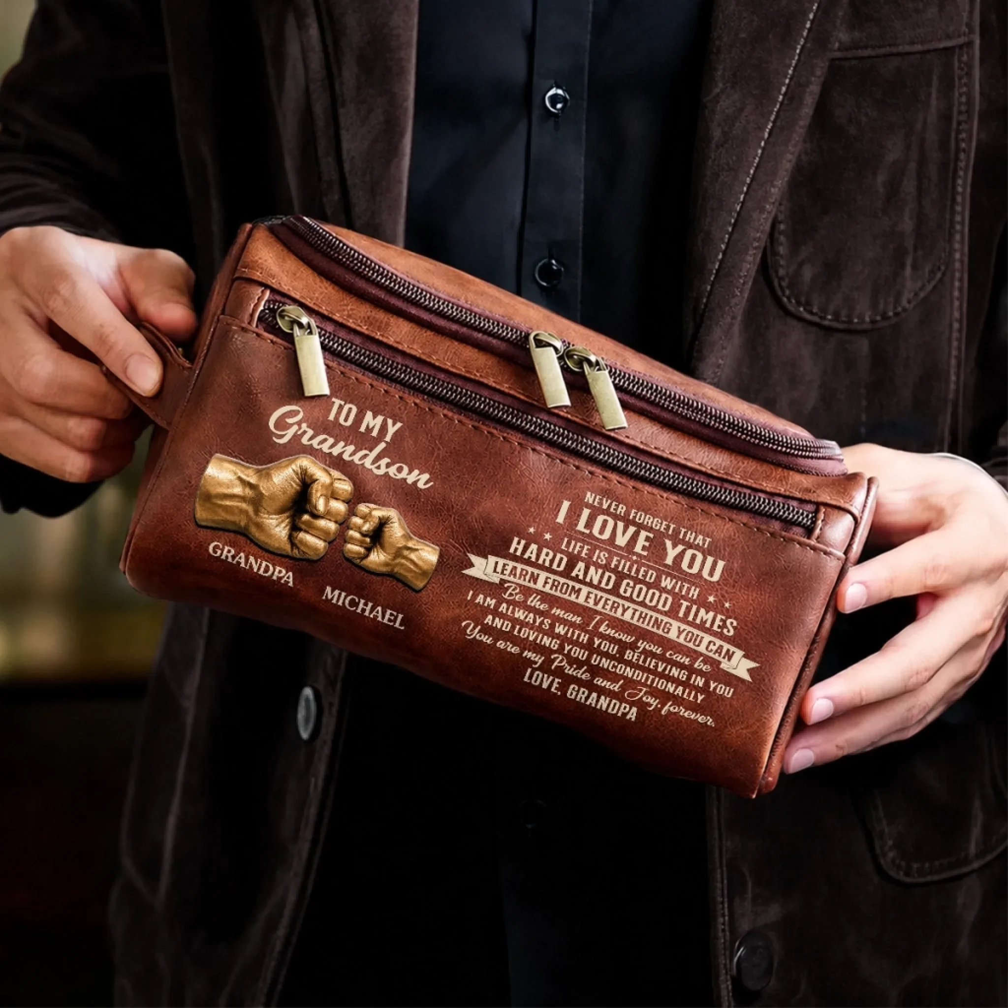 Custom Leather Toiletry Bag - Personalized Birthday Gifts For Grandson - Never Forget That I Love You
