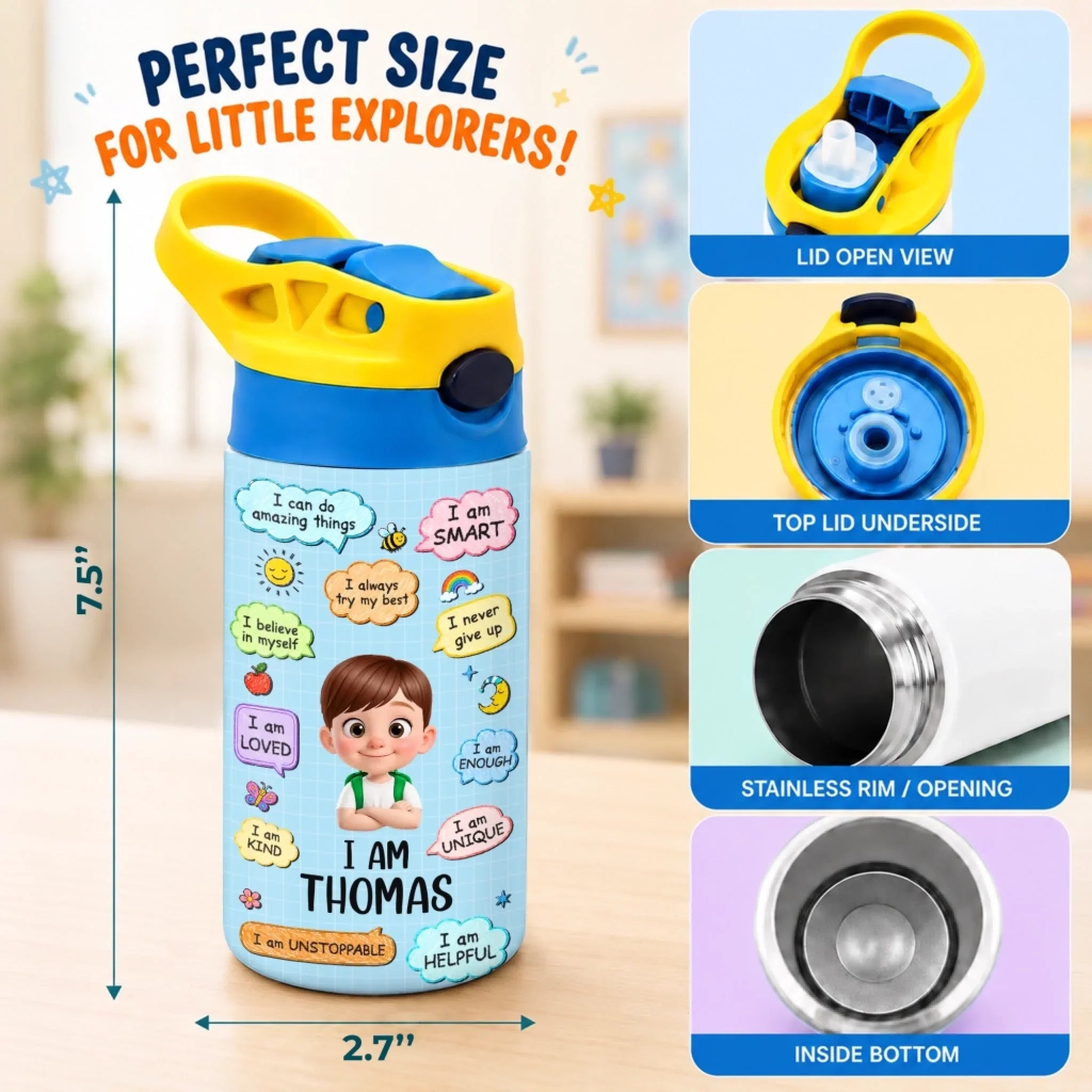 Custom Kids Insulated Water Bottle - Personalized Back To School Gifts For Kids - Growing One Step At A Time
