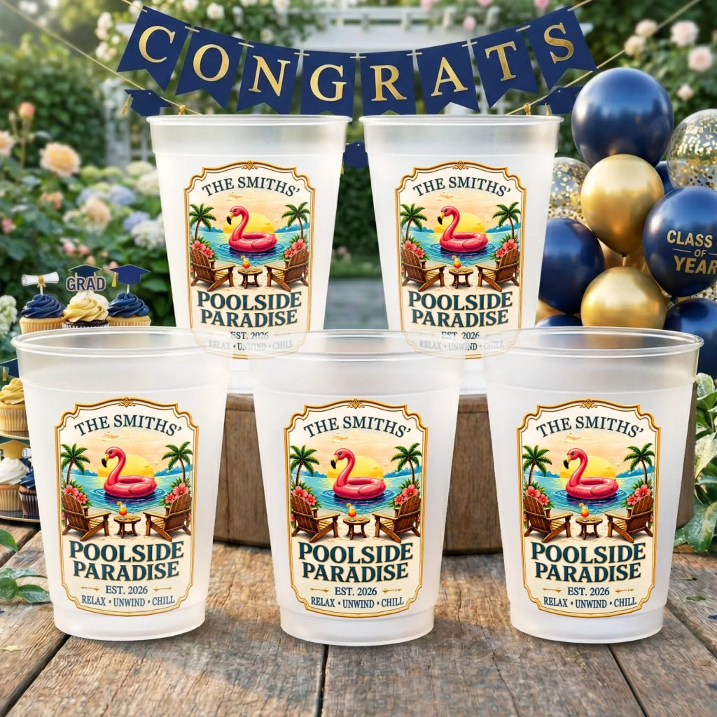 Custom Poolside Party Cups - Personalized Summer Vacation And Travel Gifts For Mom, Dad, Brother, Sister - Party Like A Flamingo