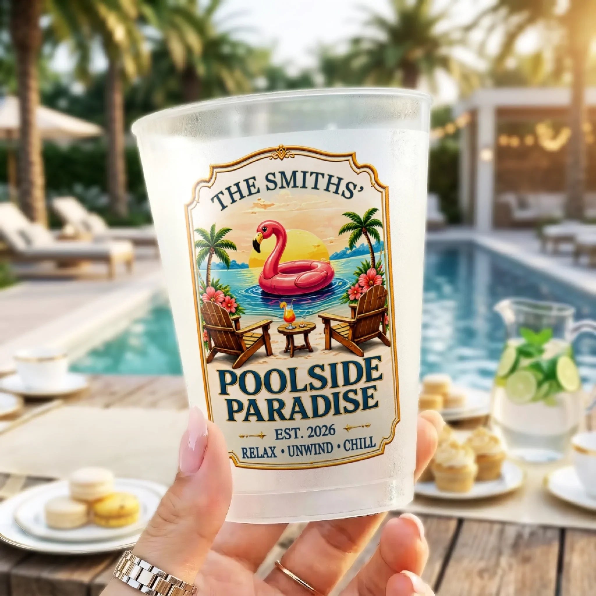 Custom Poolside Party Cups - Personalized Summer Vacation And Travel Gifts For Mom, Dad, Brother, Sister - Party Like A Flamingo
