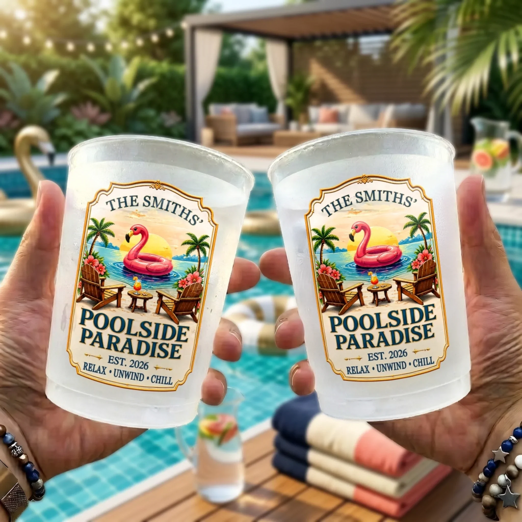 Custom Poolside Party Cups - Personalized Summer Vacation And Travel Gifts For Mom, Dad, Brother, Sister - Party Like A Flamingo