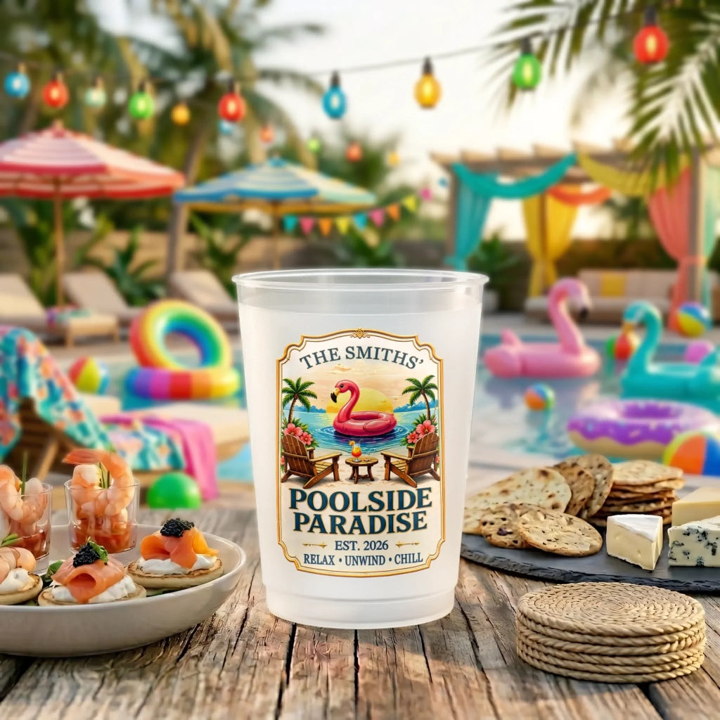 Custom Poolside Party Cups - Personalized Summer Vacation And Travel Gifts For Mom, Dad, Brother, Sister - Party Like A Flamingo