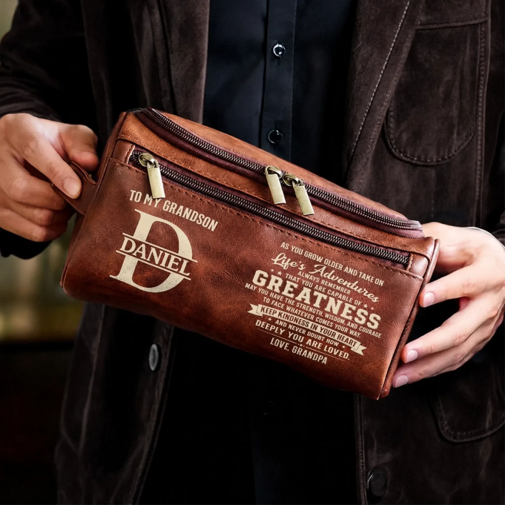 Custom Leather Toiletry Bag - Personalized Birthday Gifts For Grandson - Keep Kindness In Your Heart