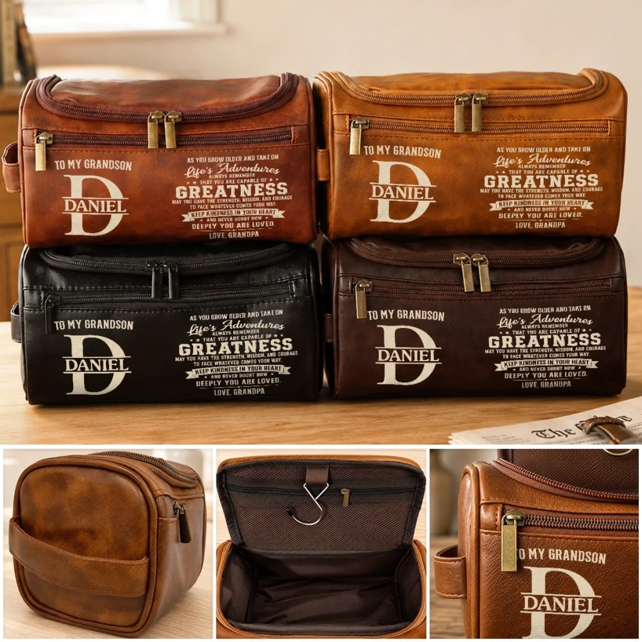 Custom Leather Toiletry Bag - Personalized Birthday Gifts For Grandson - Keep Kindness In Your Heart